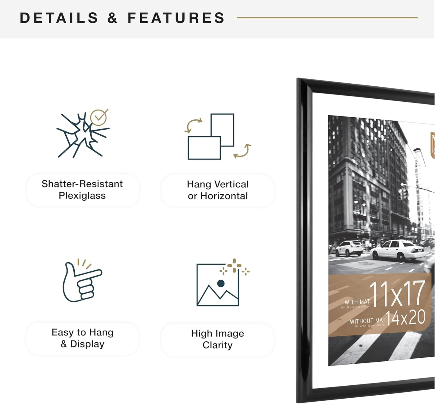 MCS Trendsetter 14x20 Matted Poster Frame with 11x17 Picture Display, Black Vertical & Horizontal Wall Hanging Large Picture Frame for Photos & Posters (1-Pack)