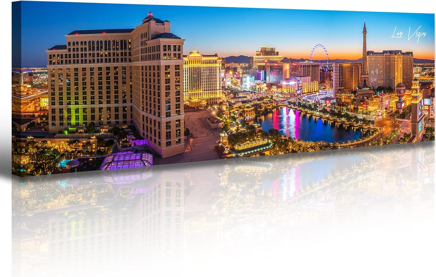 Las Vegas Skyline Wall Art Cityscape Canvas Prints City Modern Building Posters Bellagio Fountain Skyscraper Night View Panoramic Pictures for Home Office Living Room Decor Framed 13.8"x45.3"