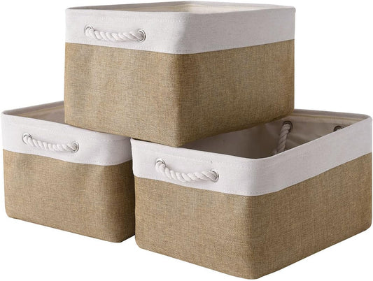 Rectangular Fabric Storage Baskets for Organizing, Shelves, Decorative & Gift (White & Peru)
