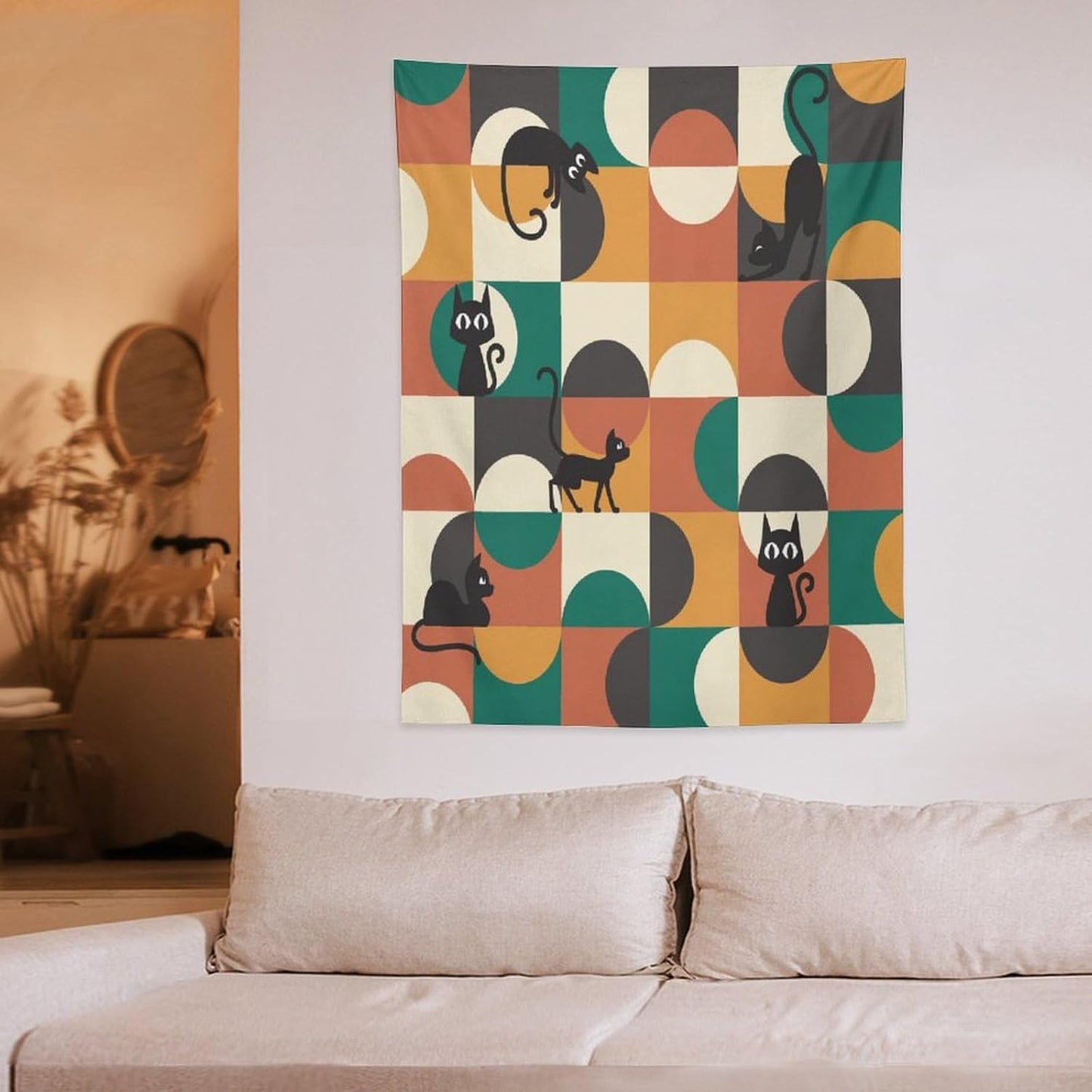 ICMOLYYENLO Boho Medieval Cat Tapestry, Abstract Atomic Starburst Geometric Aesthetic Art Wall Hanging For Bedroom Living Room Dormitory 60x80 Inches