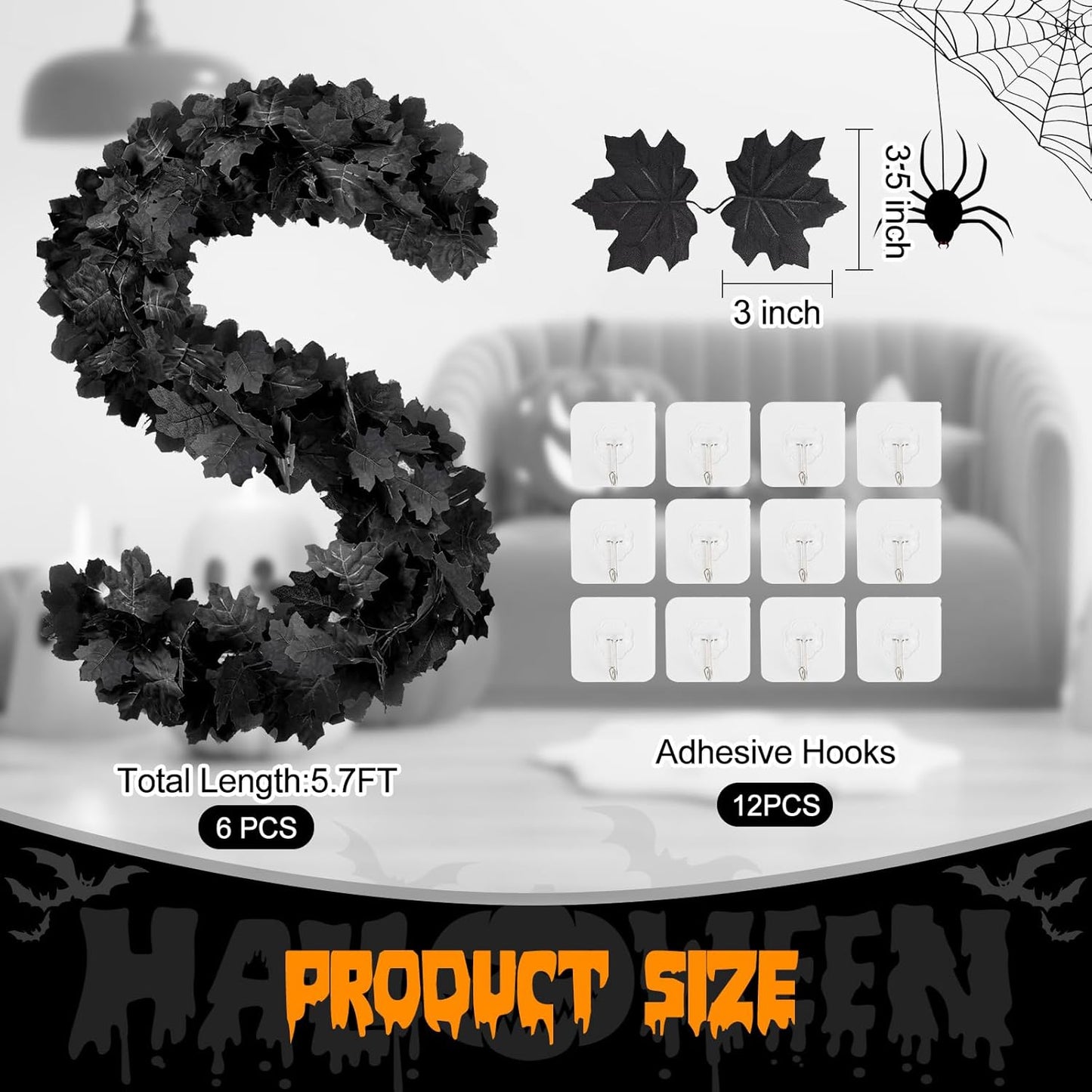 Joyhalo 6 Pack 5.7FT Black Maple Leaf Garland,Halloween Artificial Hanging Black Vines,Halloween Outdoor Garland for Mantle,Door Frame,Fireplace and Thanksgiving Decor