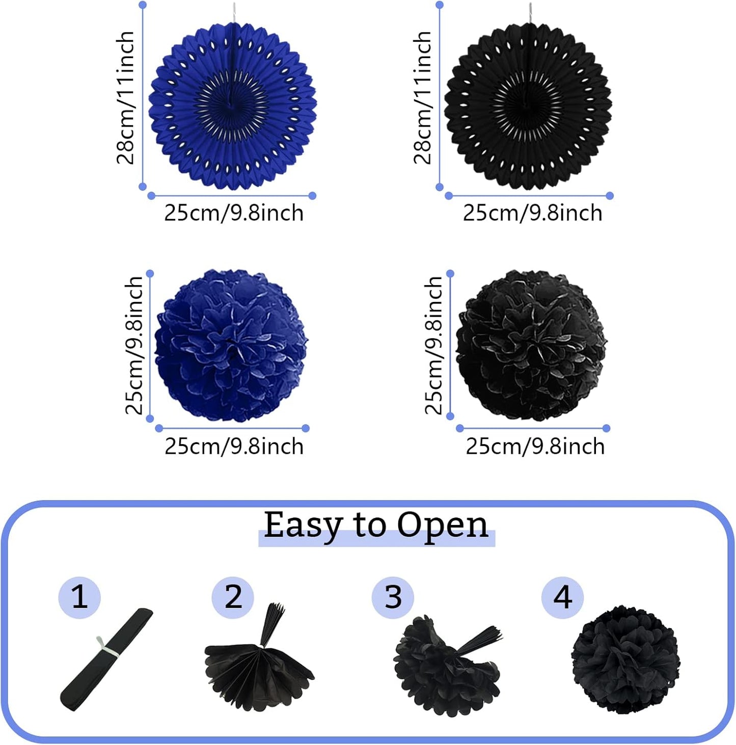 Party Decorations, Black Navy Blue Papar Fans Pompoms Garlands for Men Boy Fathers Day Graduation Wedding Birthday Party Decoration