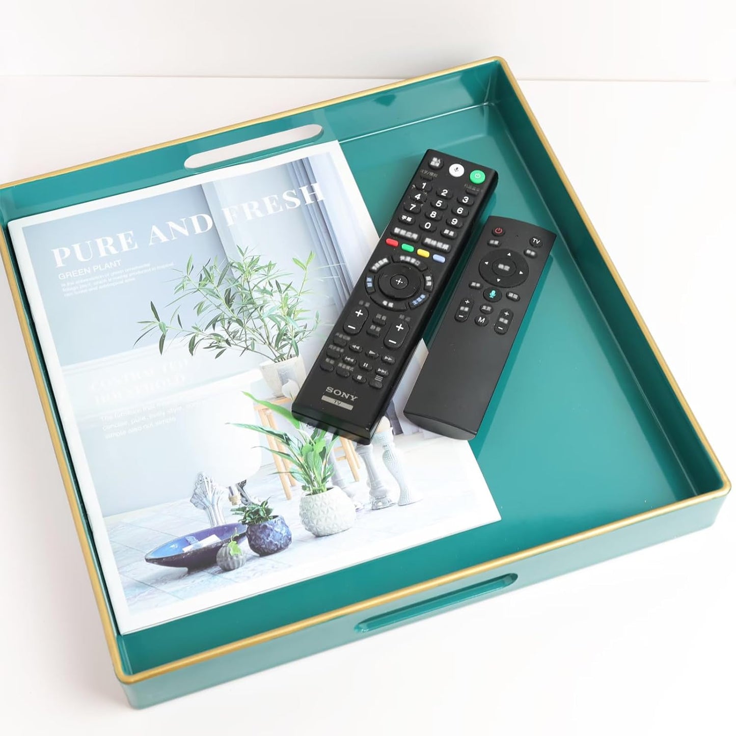 Spsyrine Green Decorative Serving Tray with Handles, 13" X 13" Square Plastic Coffee Table Tray for Ottoman, Living Room, Bathroom, Home Decor.