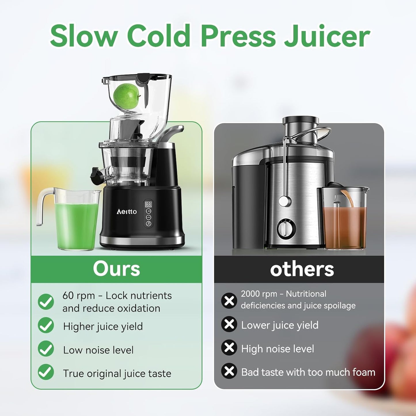 Aeitto Cold Press Juicer with Large Feed Chute, Large Capacity, Juicer Machines for Fruits and Vegetables, Slow Masticating Juicer Self Feeding, Easy to Clean, High Juice Yield