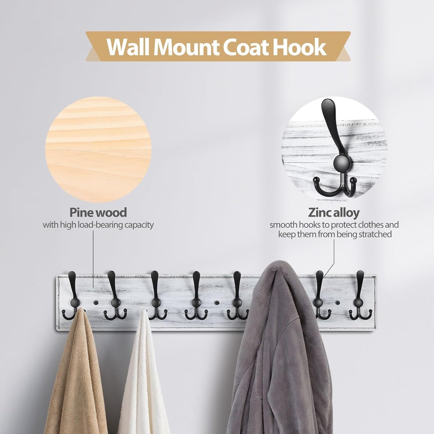 Coat Rack Wall Mount, Wooden Heavy Duty Coat Rack for Wall,8 Triple Coat Hanger Hooks for Hanging Coats,Jacket,Hat,Clothes (Grey White, 8 Hooks)
