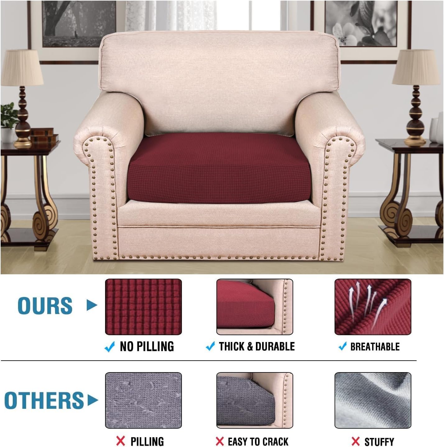 H.VERSAILTEX Super Stretch Individual Seat Cushion Covers Sofa Covers Couch Cushion Covers Slipcover Sets Thick Jacquard Textured Twill Fabric (1 Piece Chair Cushion Cover, Burgundy Red)