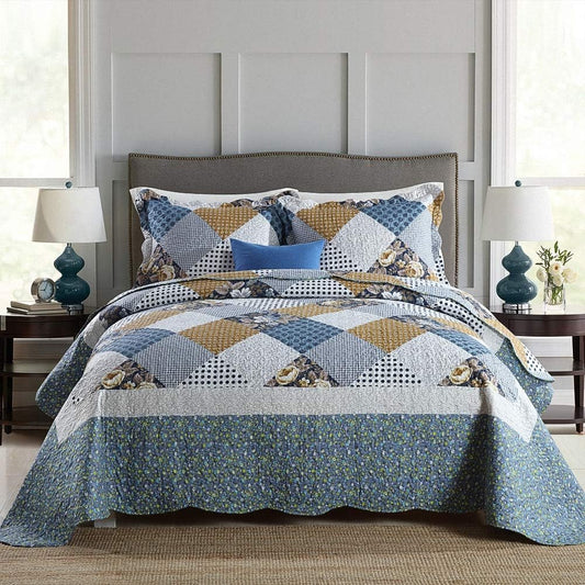 NEWLAKE Quilt Bedspread Sets-Checkered Floral Reversible Coverlet Set,Queen Size