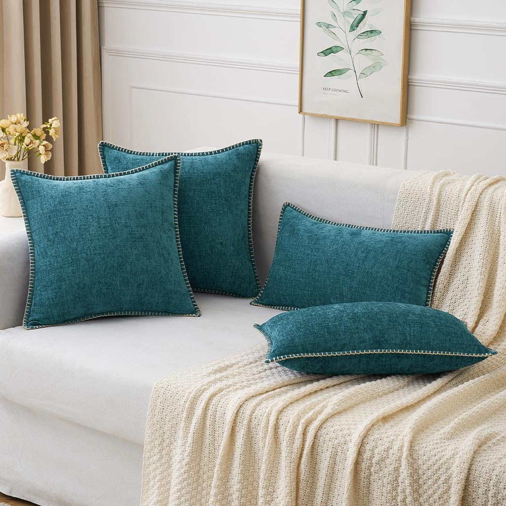 MIULEE Pack of 2 Couch Throw Pillow Covers 18x18 Inch Coastal Dark Teal Farmhouse Decorative Pillow Covers with Stitched Edge Soft Chenille Solid Dyed Spring Pillow Covers for Sofa Bed Living Room