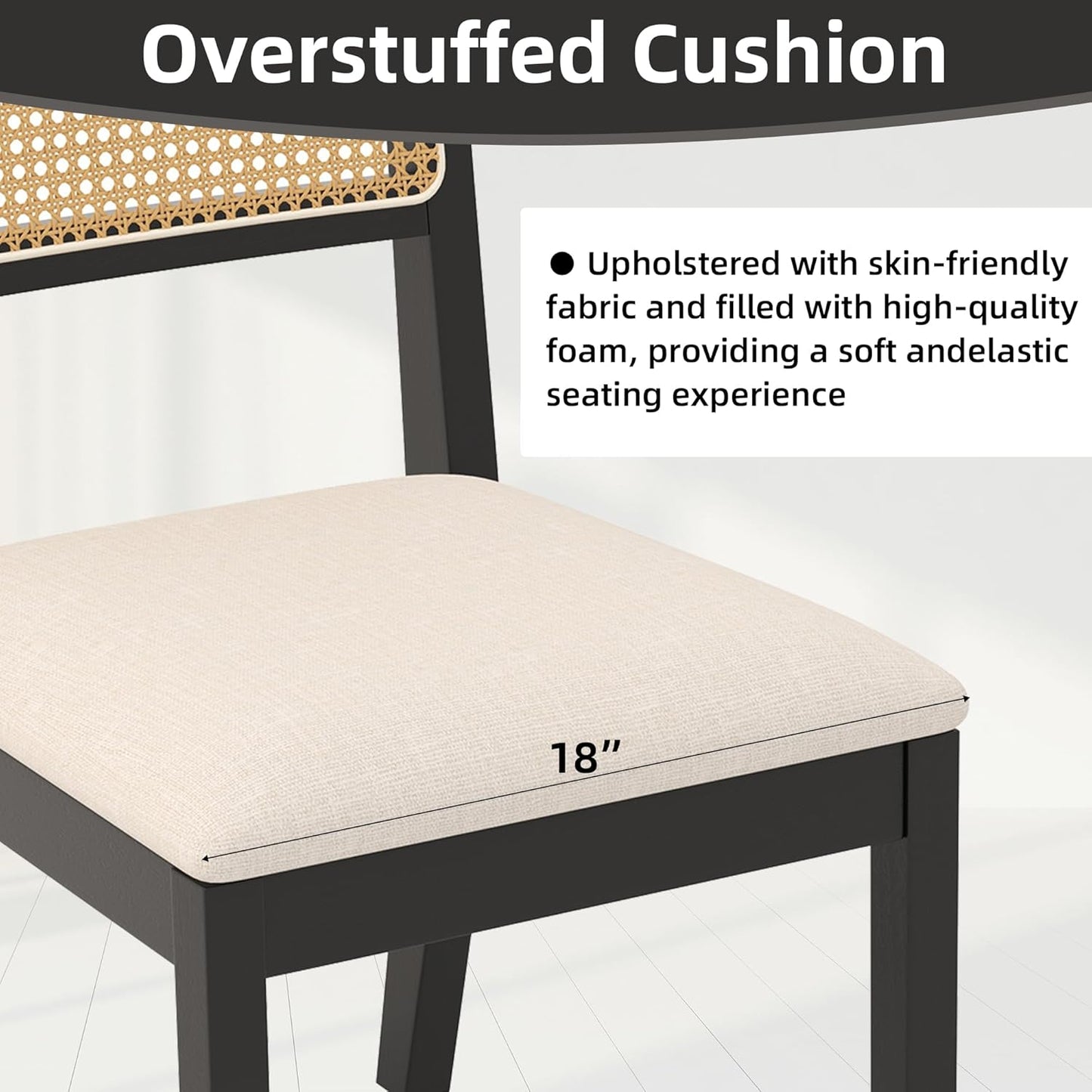 Westice Rattan Dining Chairs Set of 6, Farmhouse Natural Dining Room Chairs with Upholstered Cushion, Wood Armless Chairs for Kitchen/Restaurant, Black