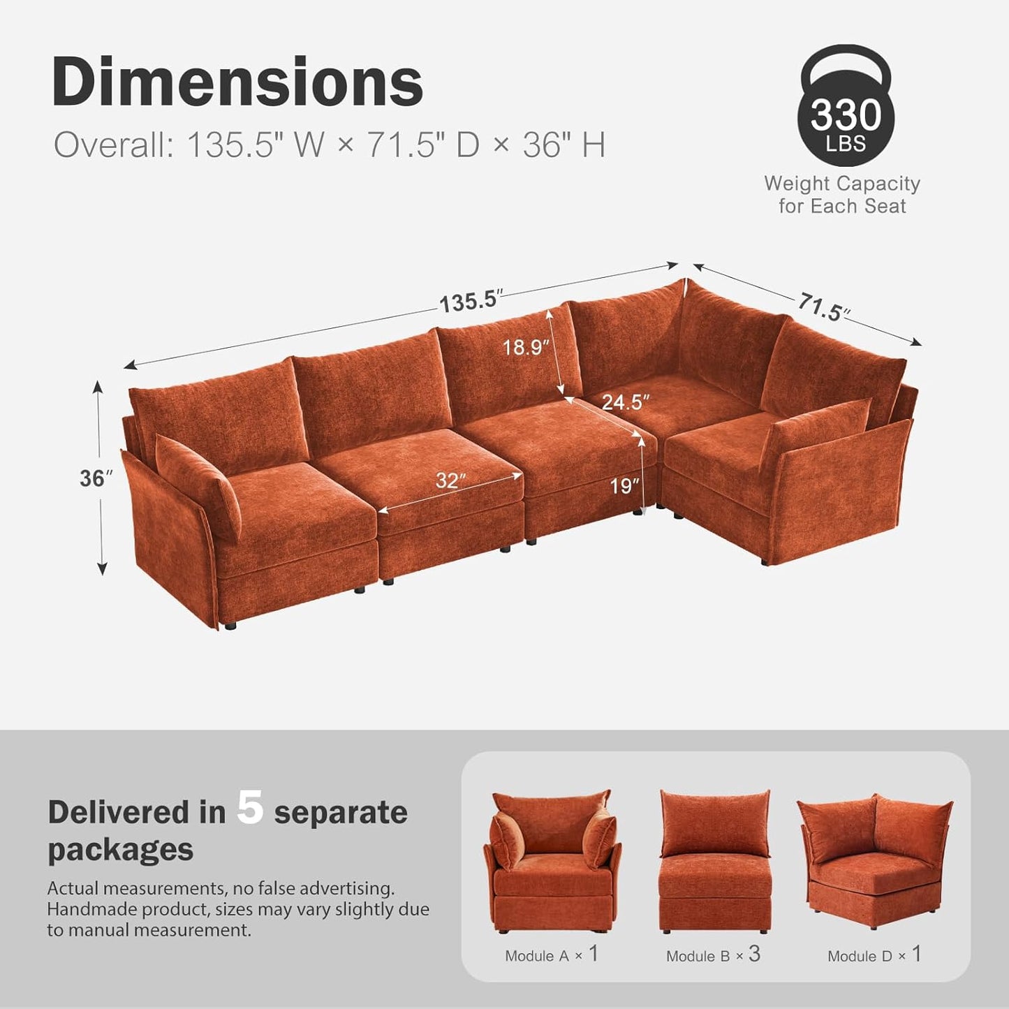 135.5" Oversized Modular Sectional Sofa, L Shaped Convertible Couch with Movable Ottoman, 5 Seat Corner Couches for Living Room Deep Seat Terracotta Orange Chenille