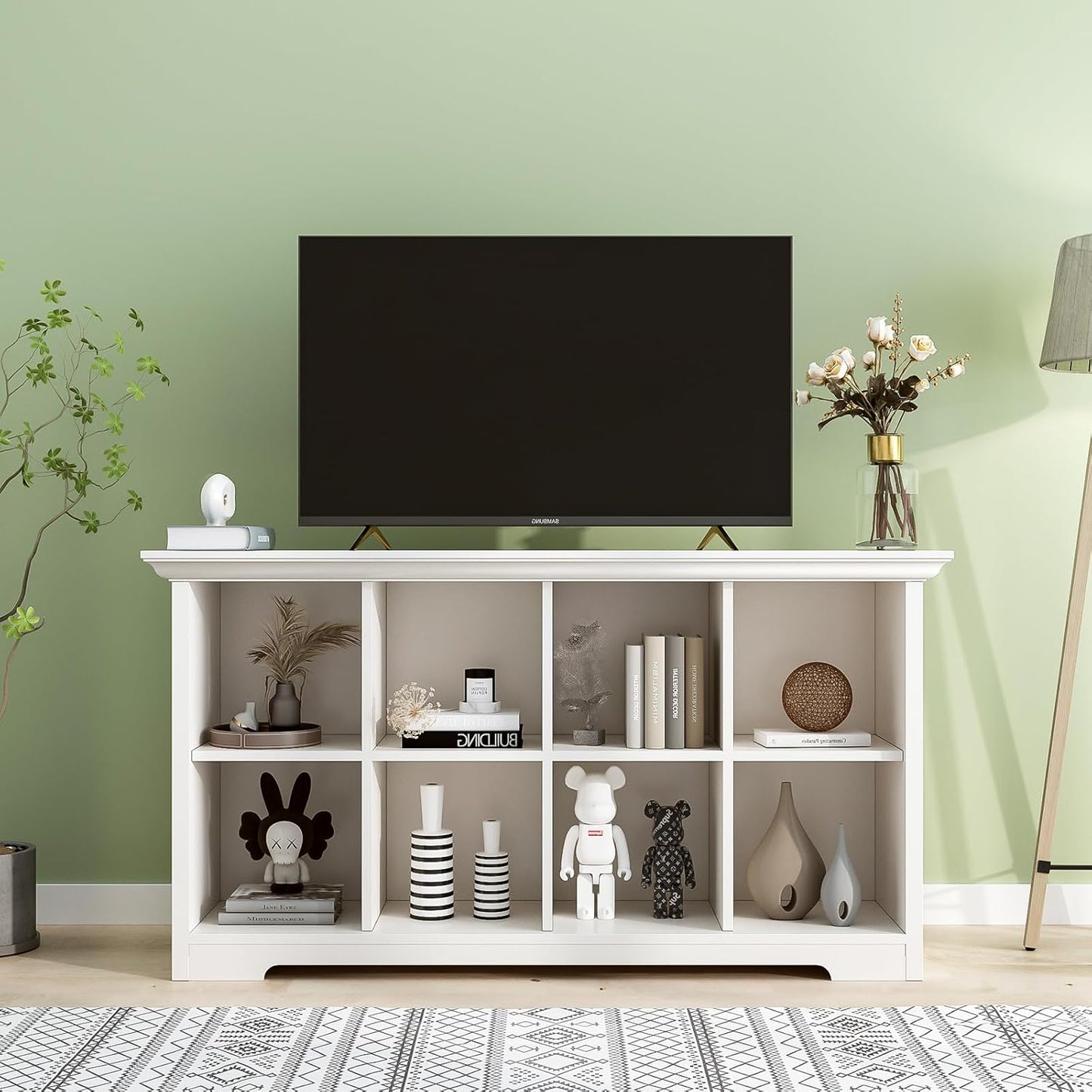 Cube Shelf Bookcase with Base - Wooden 2 Tiers Floor Standing Low Storage Cabinet for Home and Office, 8-Cube Lattice Bookshelf, Warm White