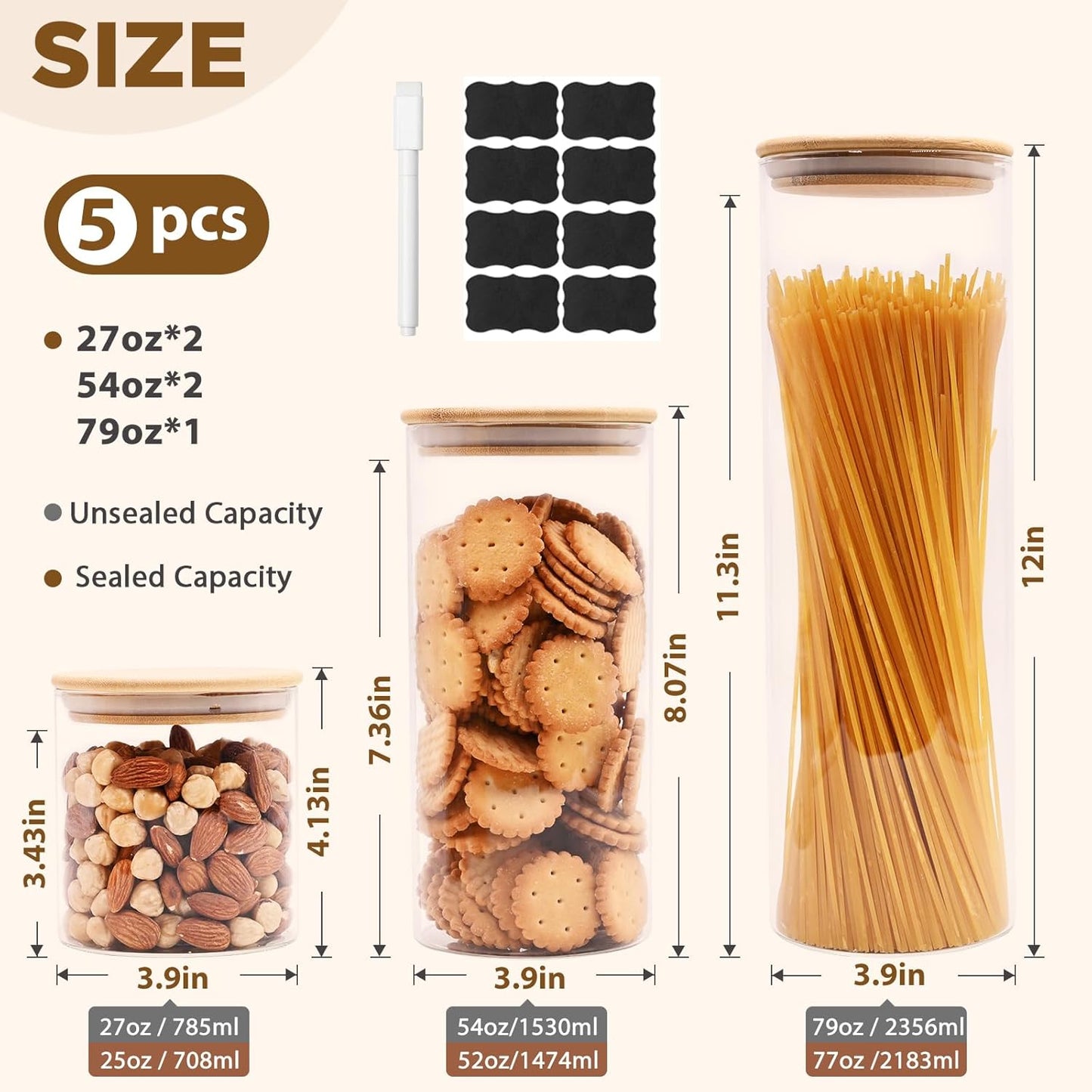 Glass Food Storage Jars, Glass Jars with Bamboo Lids, Kitchen Storage Jars, Canisters with Airtight Lids for Spice, Coffee, Cookie, Set of 5, Pantry Organizers