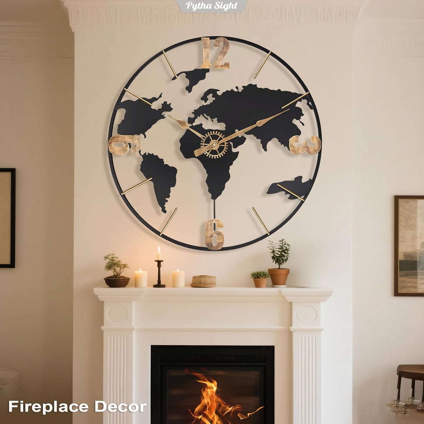 24 Inch Large Wall Clock,Modern Decorative Big World Map with Vintage Gold Arabic Numeral Extra Giant Metal Oversized Wall Clocks for Living Room,Office,Kitchen,Dining Room,Bedroom