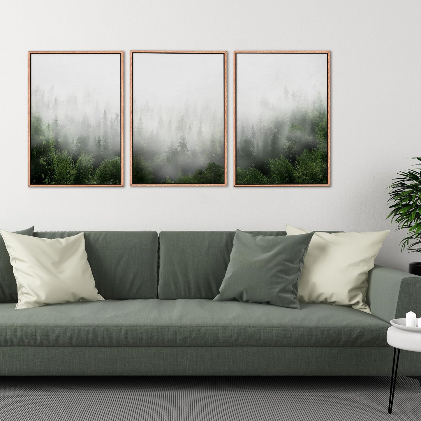 HPINUB Misty Green Forest Framed Canvas Wall Art Set, Nature Scenery Modern Wall Decor, Foggy Mountain Wall Painting, Woodland Landscape Nursery Art Print for Living Room, Bedroom, Office - 16"x24"x3