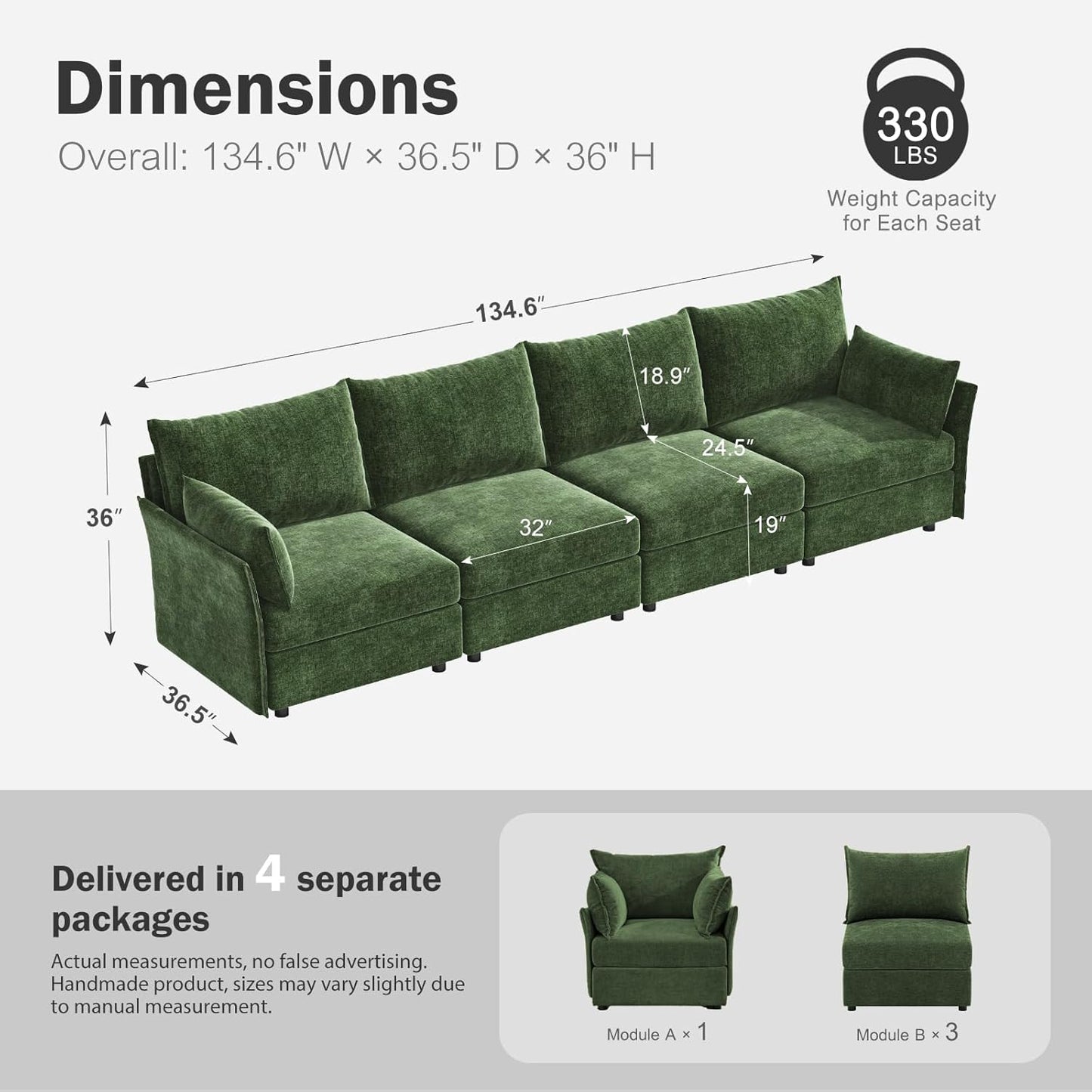 134.6" Modular Sectional Sofa, Oversized 4 Seater Green Couch with Removable Chenille Fabric Cover, Deep Seat & High Backrest for Living Room, Office & Apartment
