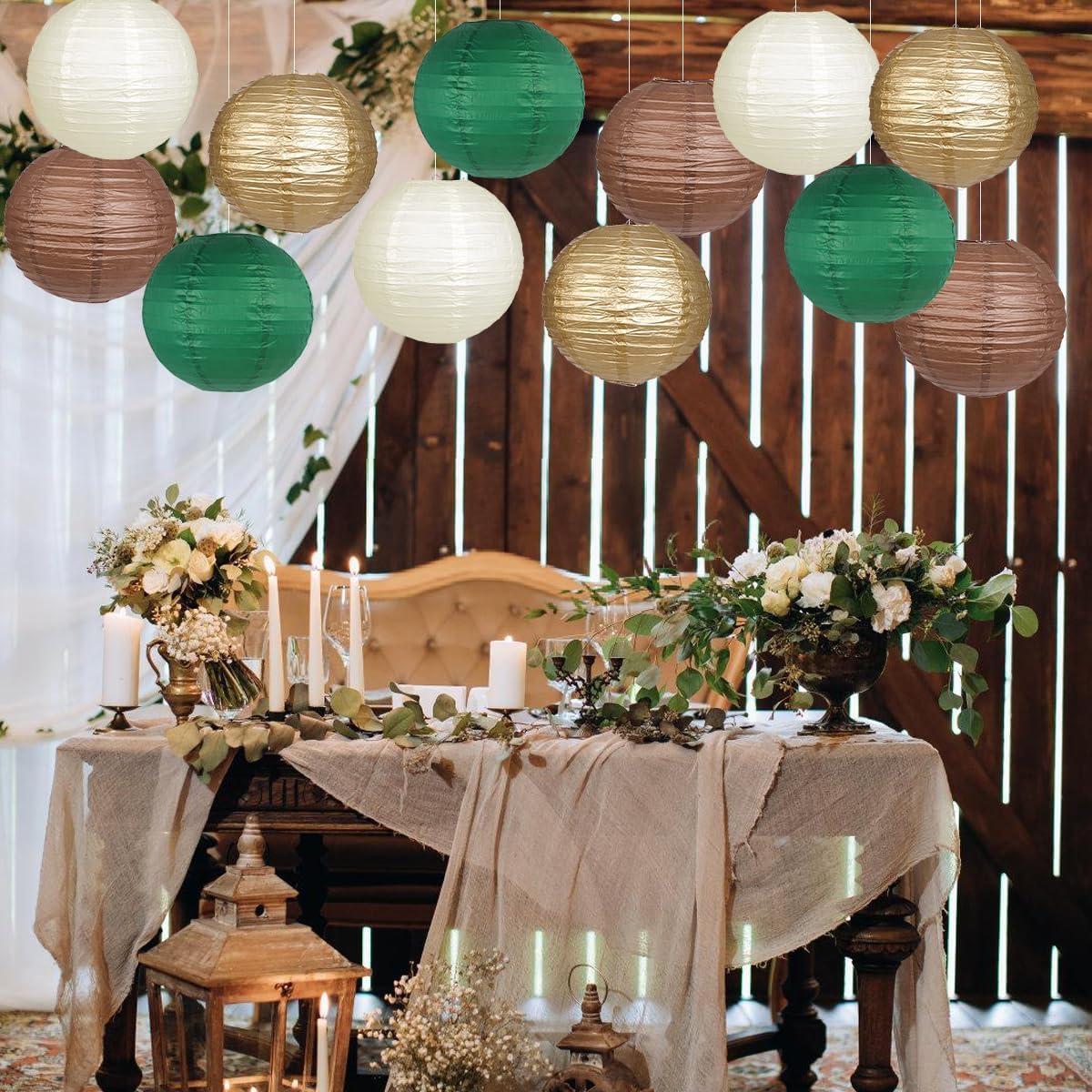 Paper Lanterns Green Brown Gold Round Hanging Chinese Lanterns for Birthday Party Gender Neutral Woodland Baby Shower Decorations Pack of 12