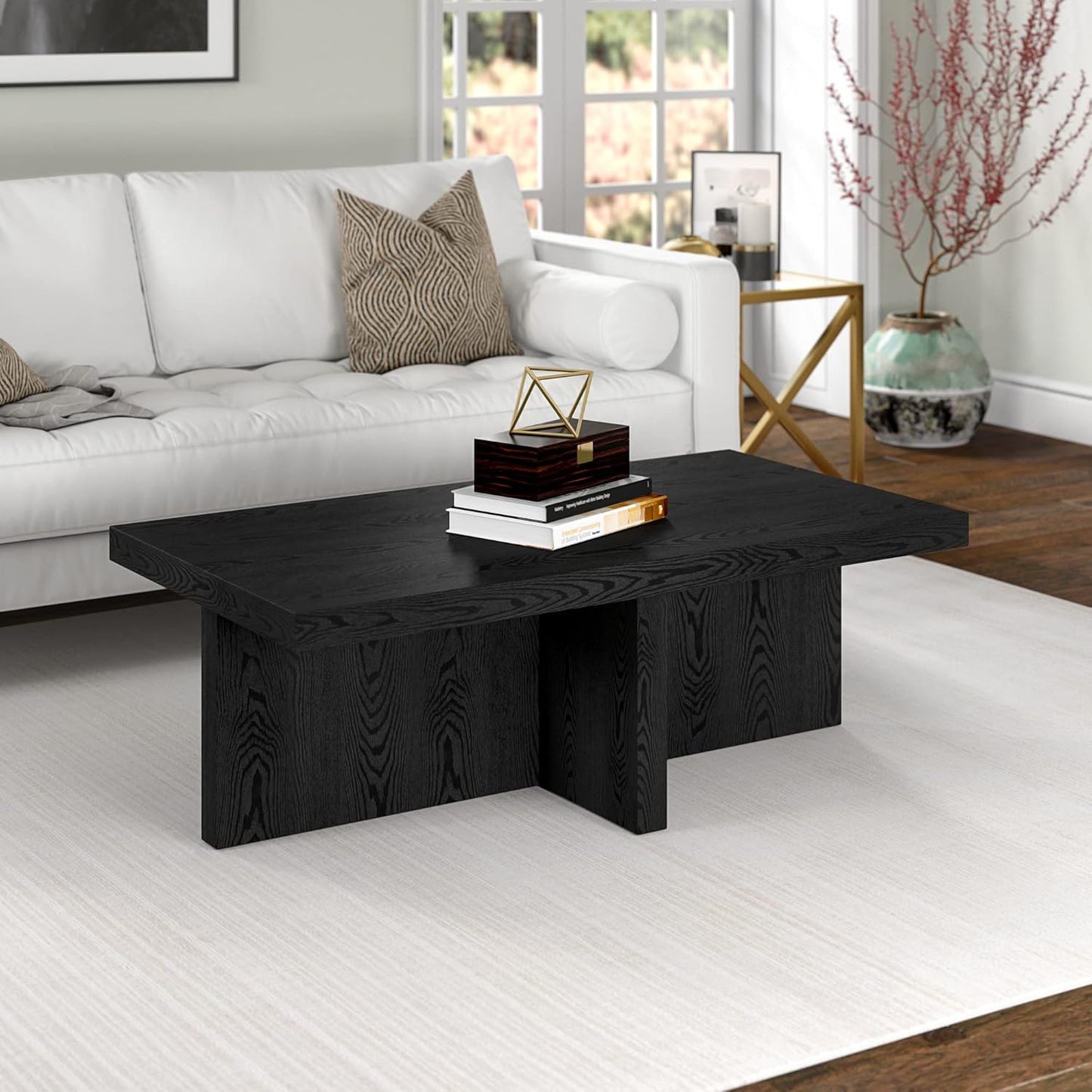 Henn&Hart 44" Rectangular Wood Pedestal Low-Profile Coffee Table for Living Room, Family Room, or Office, Black Grain