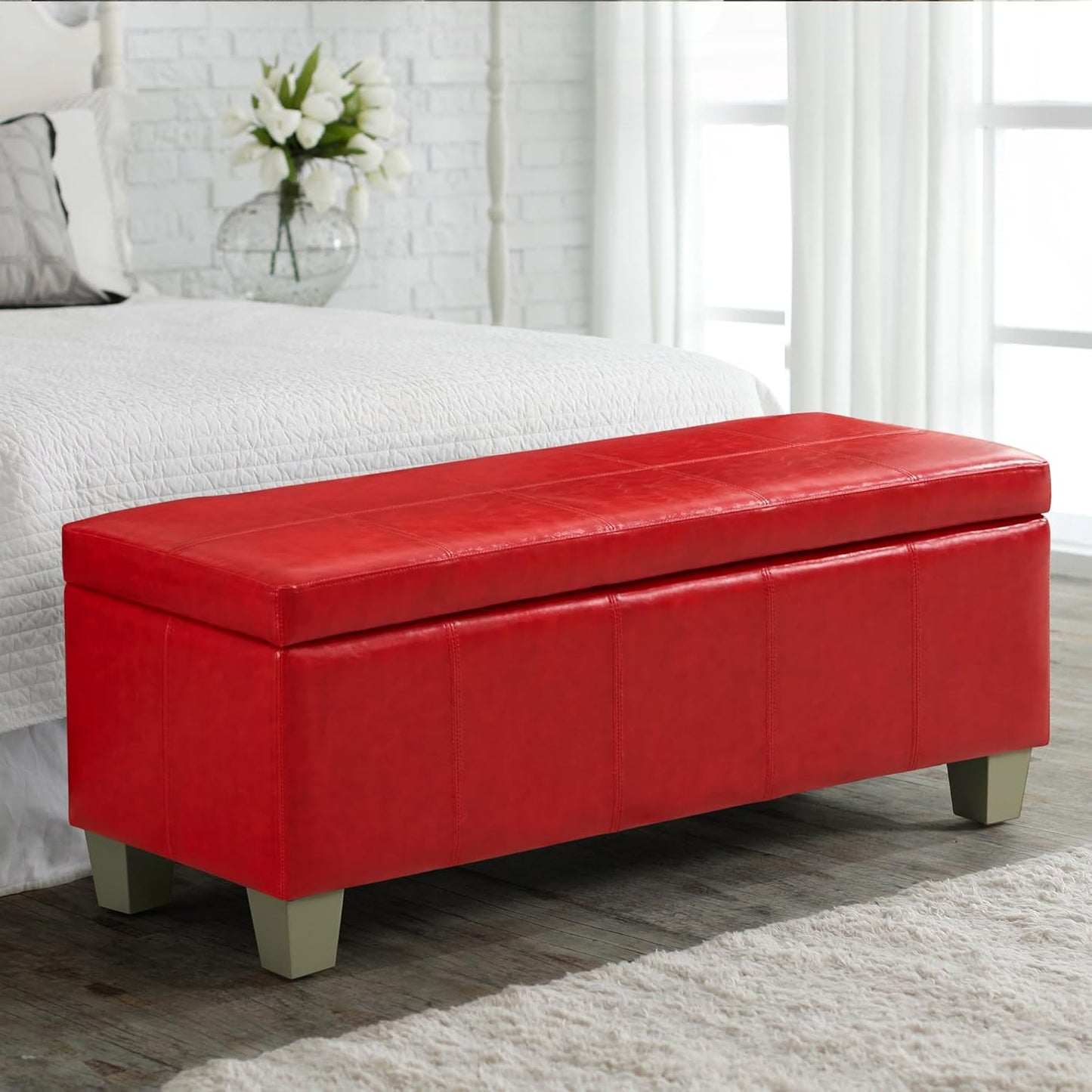 51" Faux Leather Storage Ottoman, Stitch Tufted Rectangle Upholstered End of Bed Storage Bench, Entryway Large Couch Ottoman with Wooden Legs,Red