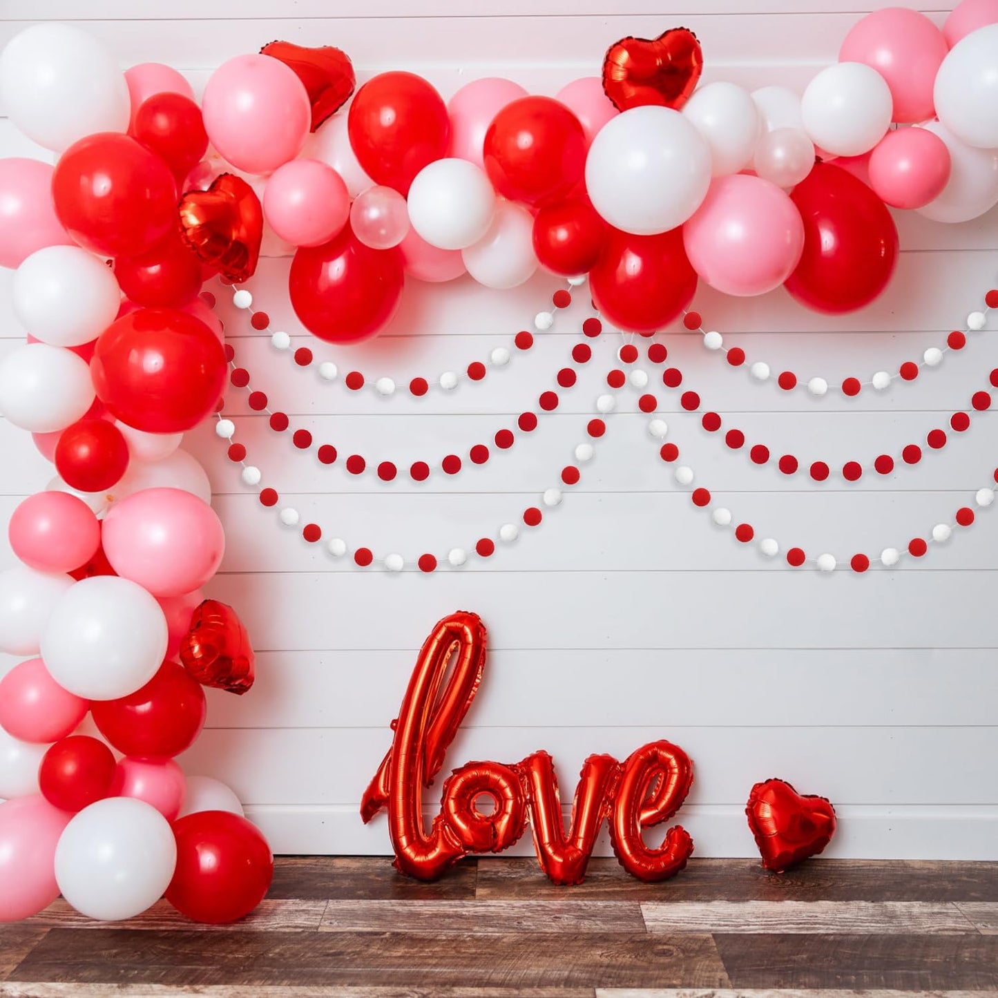 Jishi 3-Pack Pom Pom Garland Red and White Felt Ball Ornament Garland Christmas Decorations, Cute Pompom Strings for Christmas Tree Decor, Xmas Holiday Party, Birthday Banner - 6.6 Feet Long, 24 Balls