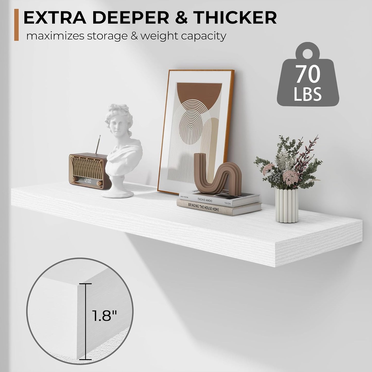 Fun Memories Floating Shelves - 2 Pack 12 Inch Rustic Wooden Wall Shelves - Extra Deeper & Thicker Wall Mounted Storage Shelf for Living Room, Kitchen, Farmhouse - 36" W x 12" D x 1.8" H - White