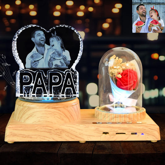 PAPA 3D Crystal Photo - Crystal Picture Hand Cut, Includes Rose Bluetooth Music Box LED Base - Memorable Gift and Keepsake, Daddy Day Gifts for Dad, Husband, Son