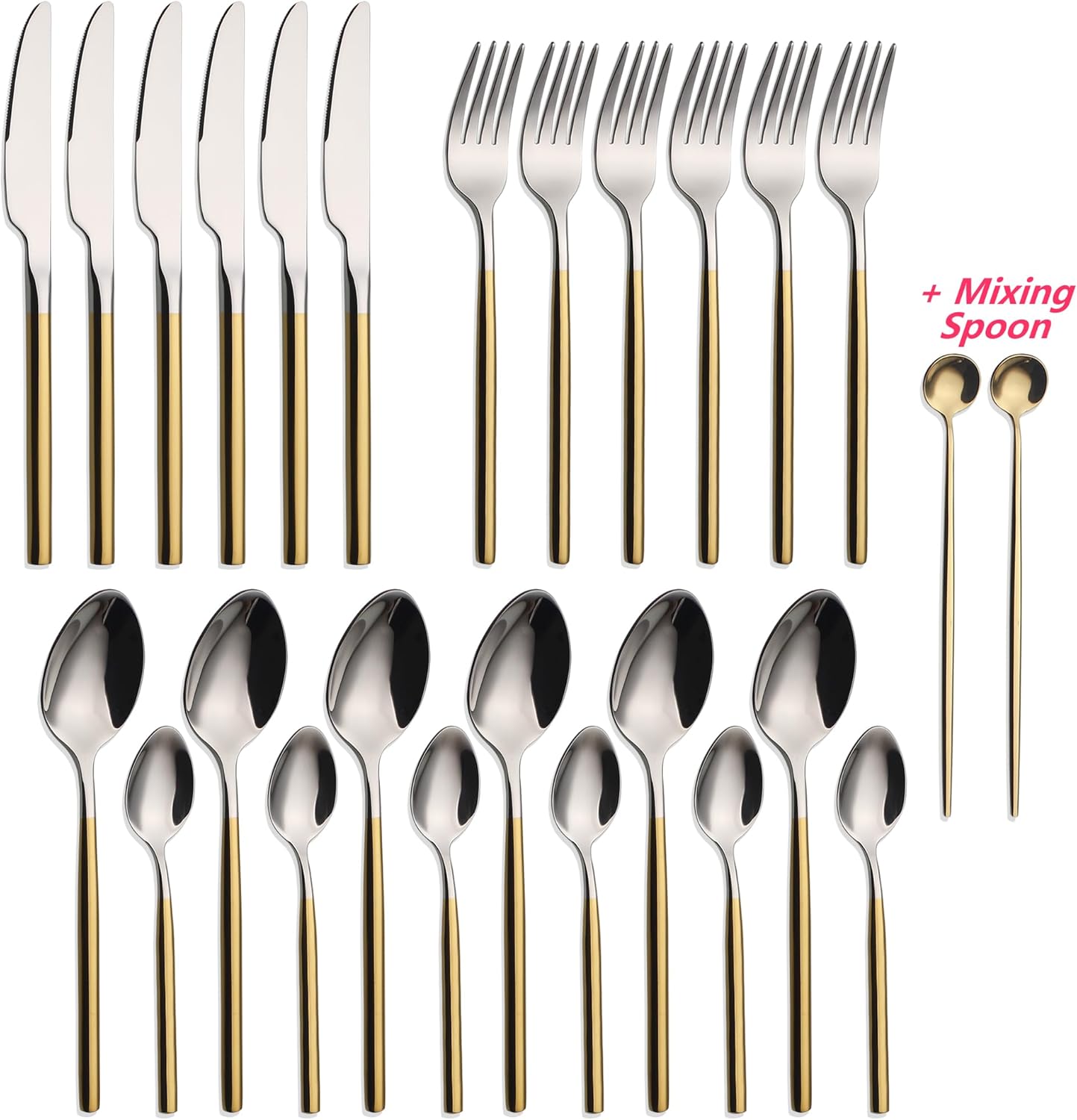 24 Piece Silverware Set For 6 Gold Handle Heavy duty 18/10 Stainless Steel Flatware Set Modern Design Knife/Fork/Spoon Mirror Polished Dishwasher Safe Cutlery Set with Gifts