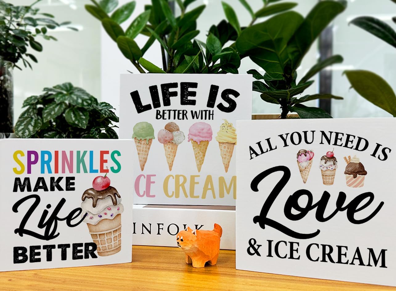 3 Pcs Summer Ice Cream Wood Box Signs Decor Farmhouse Summer Ice Cream Tiered Tray Decor Table Desk Shelf Kitchen Decoration Rustic