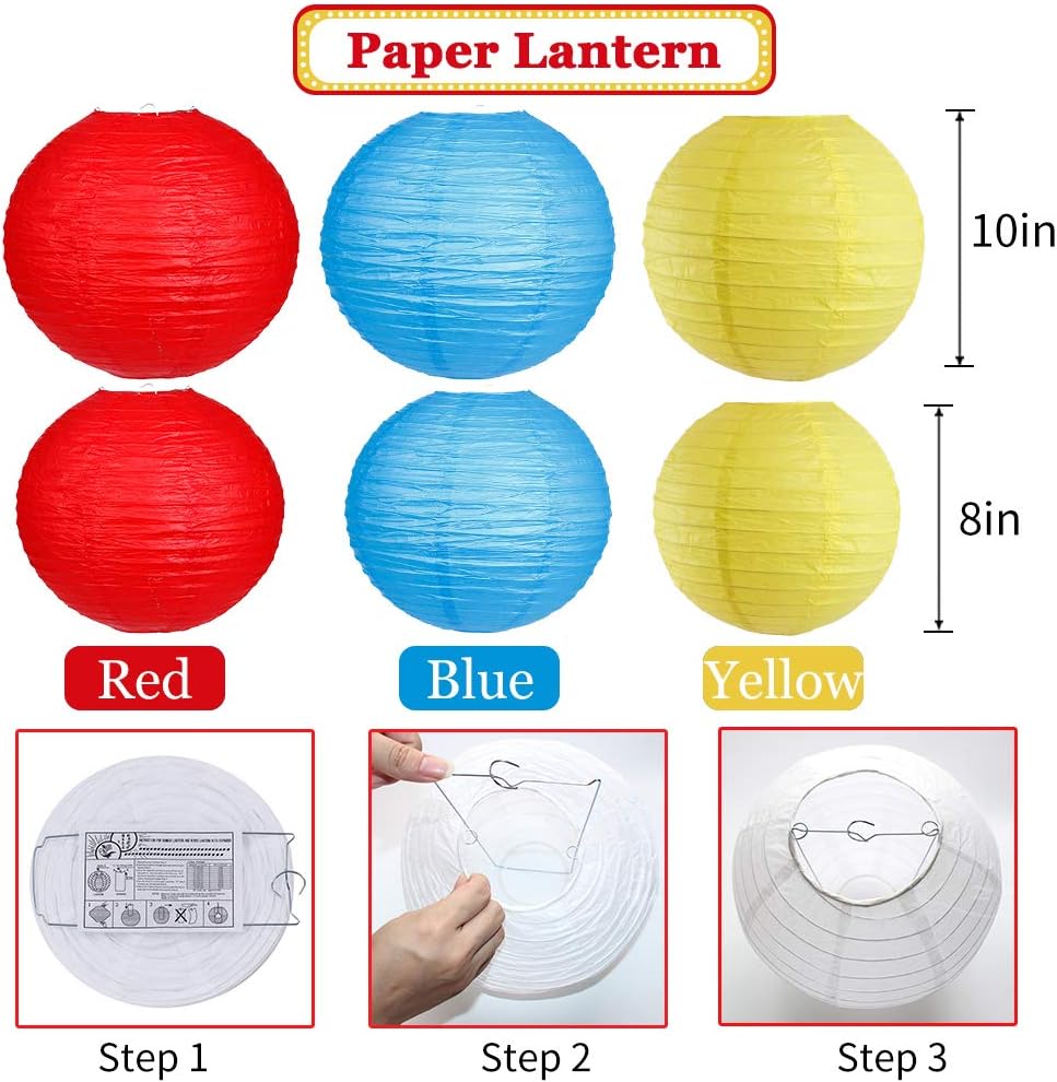 Carnival Circus Party Decorations, Red Yellow Blue Paper Lanterns and Pom Poms Flowers for Birthday Party Baby Showers Carnival Theme Rainbow Party Decor 15PCS