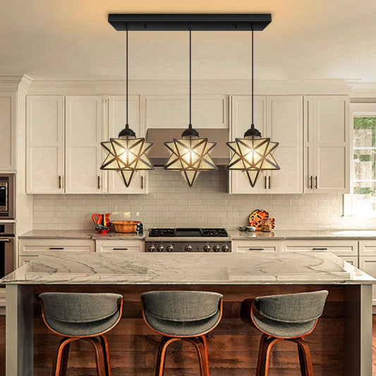 Modern Farmhouse Glam Chandelier Dining Room Glass Star Pendants Light Fixture Kitchen Island LED Ceiling Hanging Lights Included Warm Light Bulbs Black