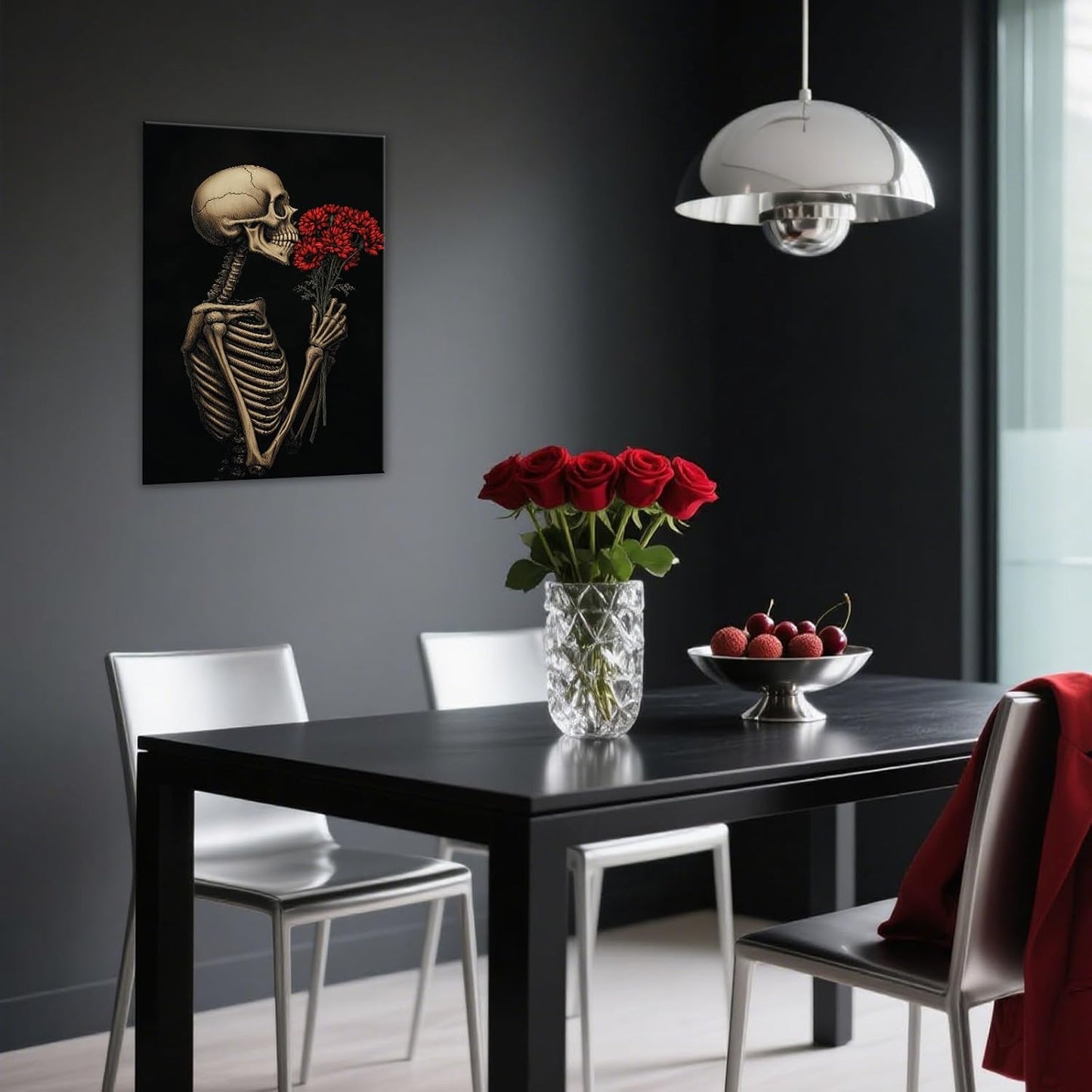 OAAPITI Red Rose Skull Wall Art Dark Themed Skeleton Painting Modern Artwork for Gothic Home Decor(Artwork-5,24"x36")