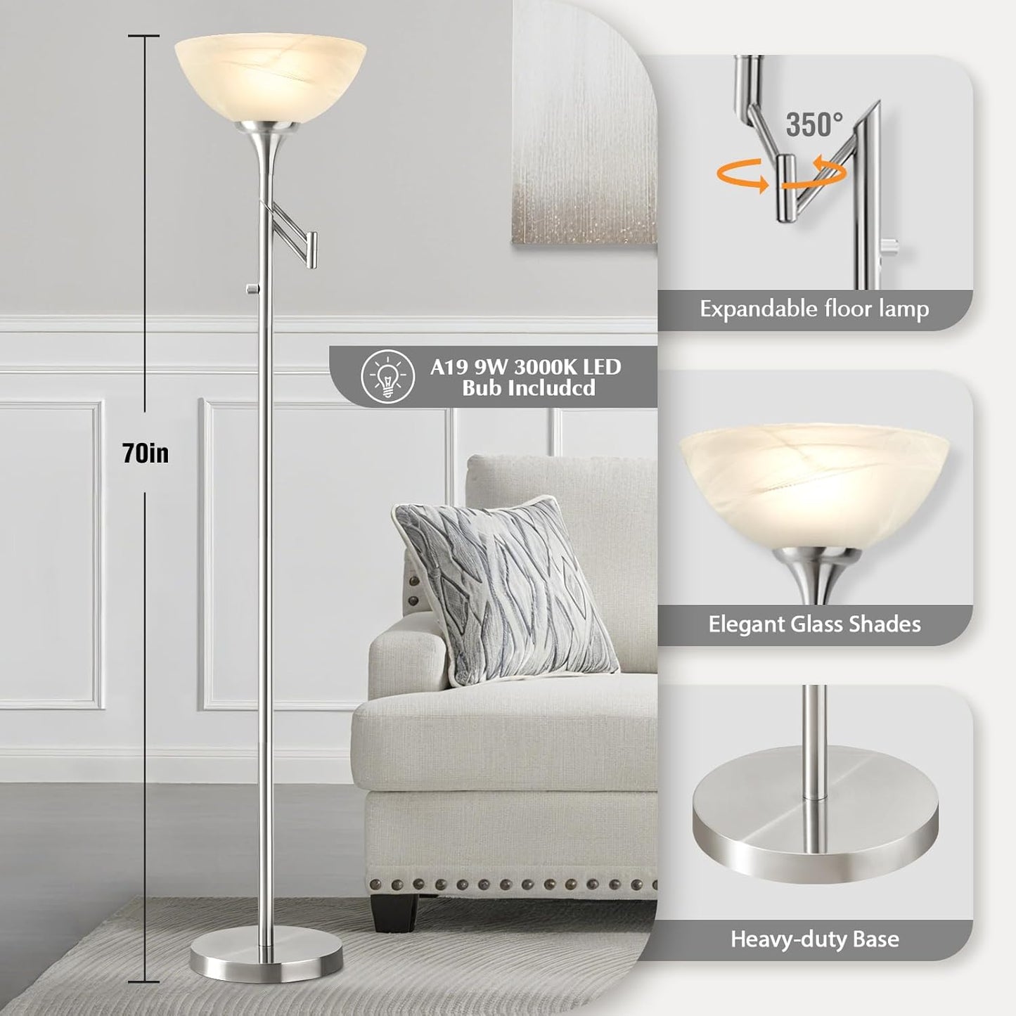 Floor Lamps for Living Room Silver, 70" Tall Standing Lamp with Glass Shade, Bedroom Floor Lamp with 350°Adjustable Swing Arm Lamp, Pole lamp for Bedroom, Living Room, Office, Bulbs Included
