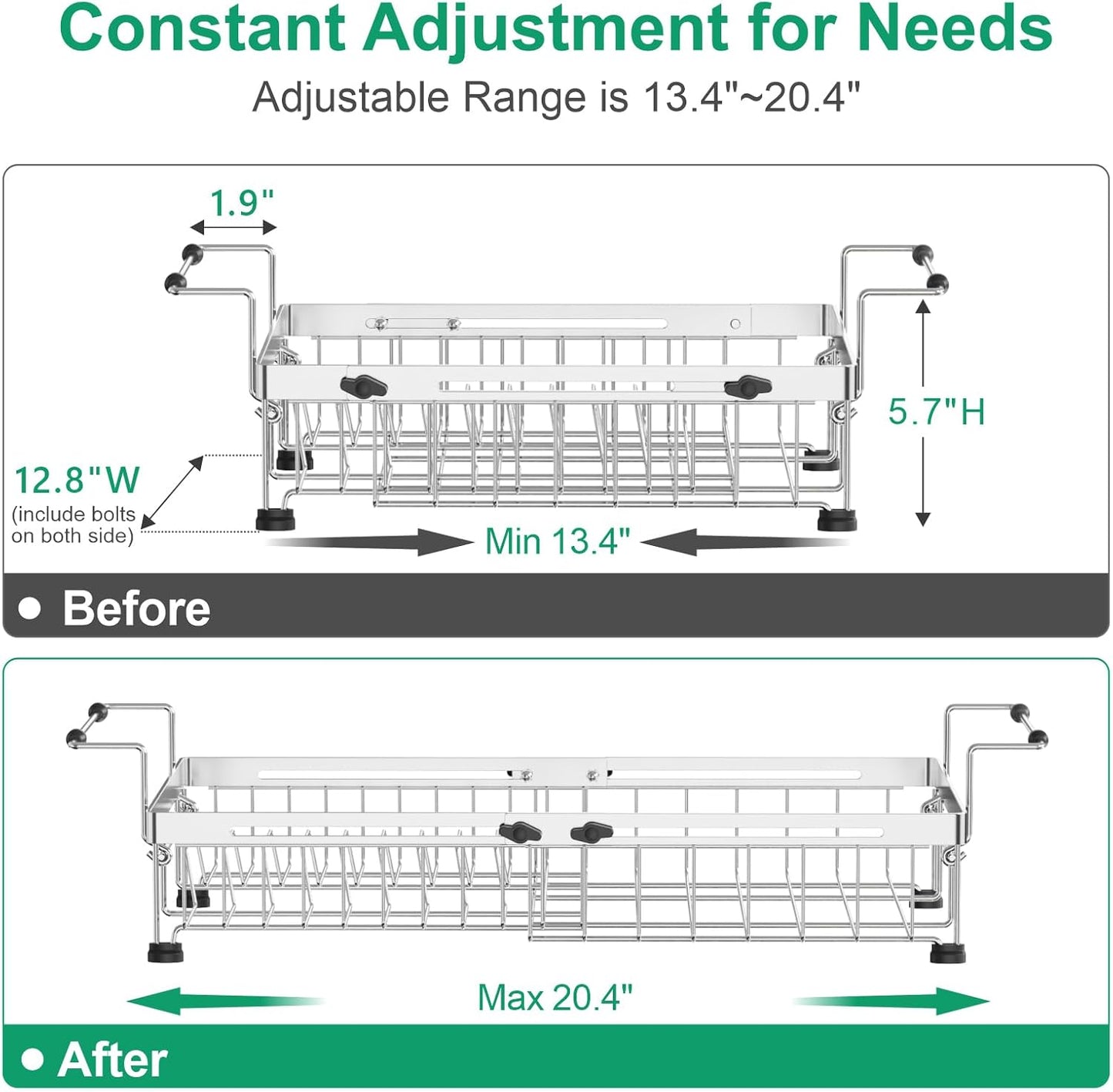 GSlife in Sink Dish Drying Rack - Capacity Expandable Stainless Steel Over Sink Dish Drainer Drying Rack (13.4''-20.4'') with Silicone Mat for Kitchen Counter Large Capacity, Black