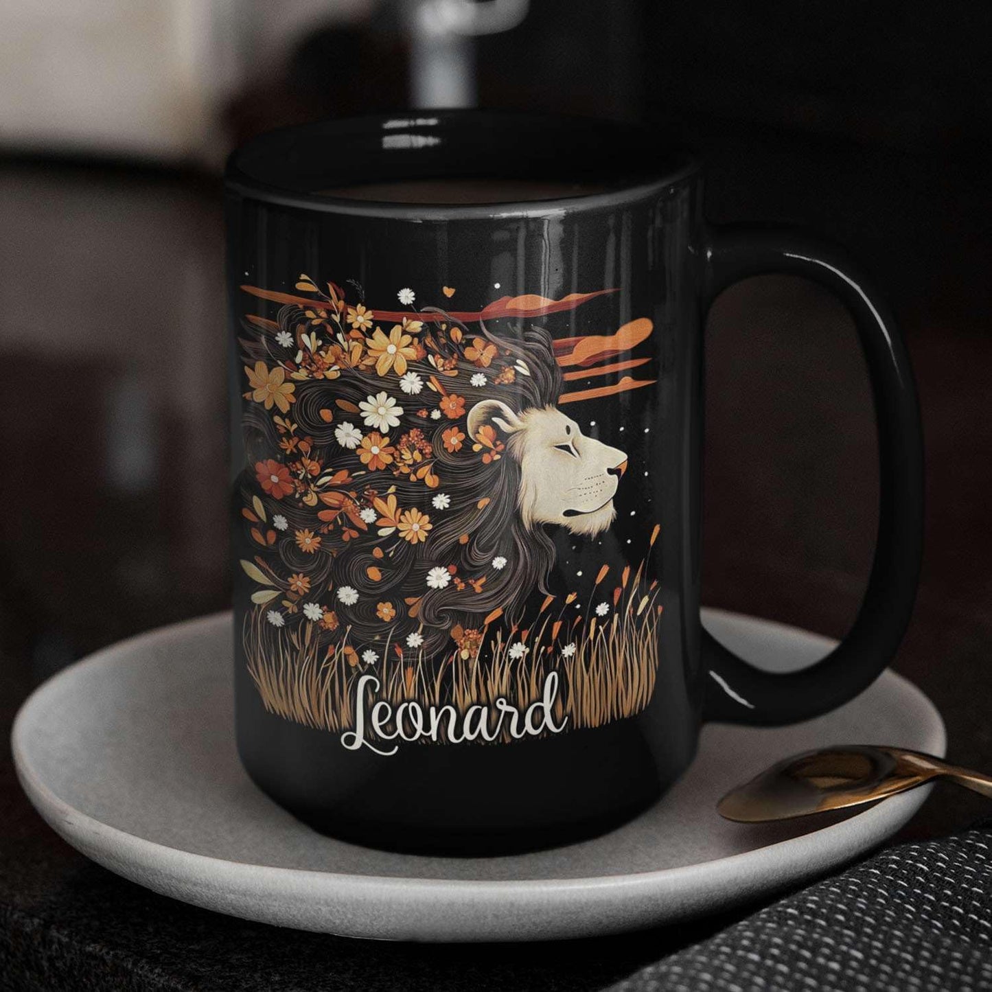 Personalized Lion Lover Cup with Vibrant Floral, Custom Name Coffee Mug 11oz or 15oz, Custom Nature Inspired Ceramic Cup, Artistic Lion Black Coffee Mug, Gifts for Women, Men
