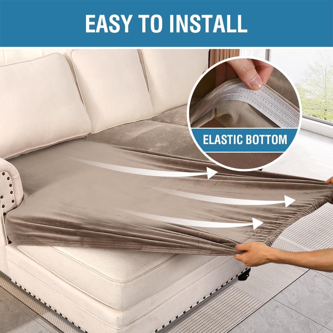 H.VERSAILTEX Velvet Stretch Sectional Couch Covers 3 Pieces Sofa Seat Cushion Covers L Shape Separate Cushion Couch Cover for Both Left/Right Sectional Couch (Large Sofa 2 Seater + 1 Chaise, Taupe)