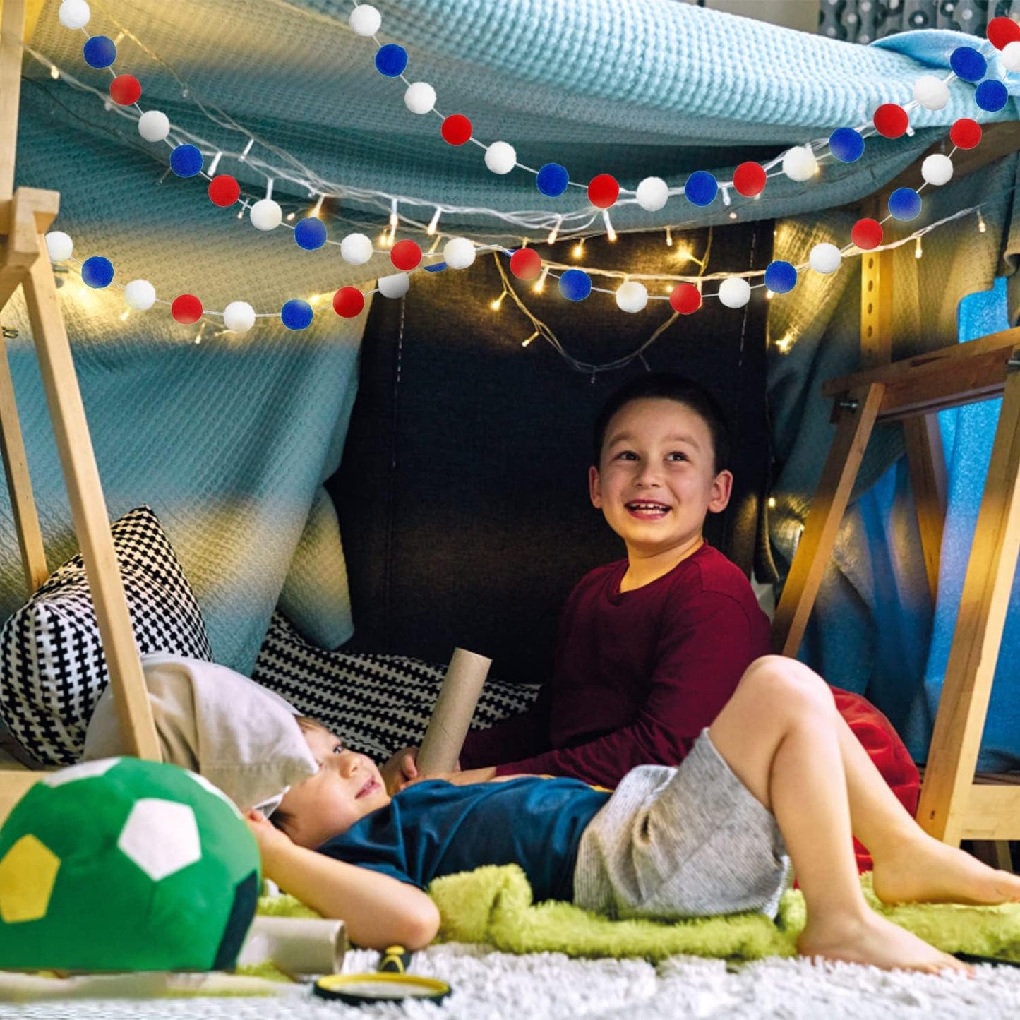 Jishi Pom Pom Garland 4th of July Decorations, Patriotic Red White Blue Felt Ball Garland, 3-Pack 6.6ft Long 24 Cute Pompom Balls String, Christmas Tree Decor Ornaments for Home Birthday Holiday Party