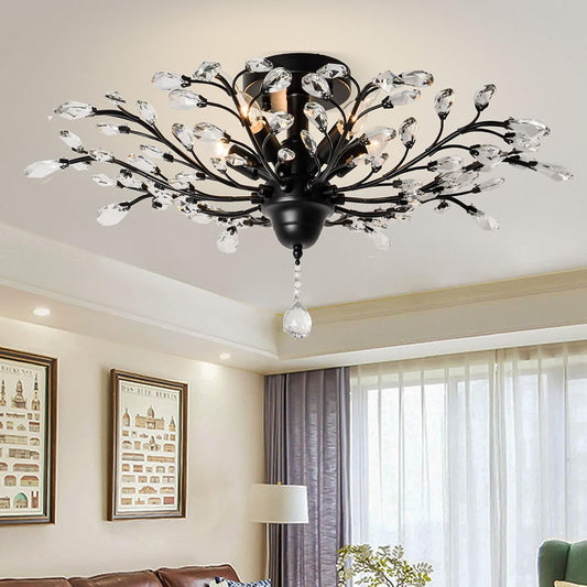 Ganeed Crystal Ceiling Light,Vintage Chandelier, Modern Elegant K9 Crystal Glass Chandelier Flush Mount Ceiling Lighting Fixture for Living Room Bedroom Restaurant Porch- Matte Black - 5 Lights