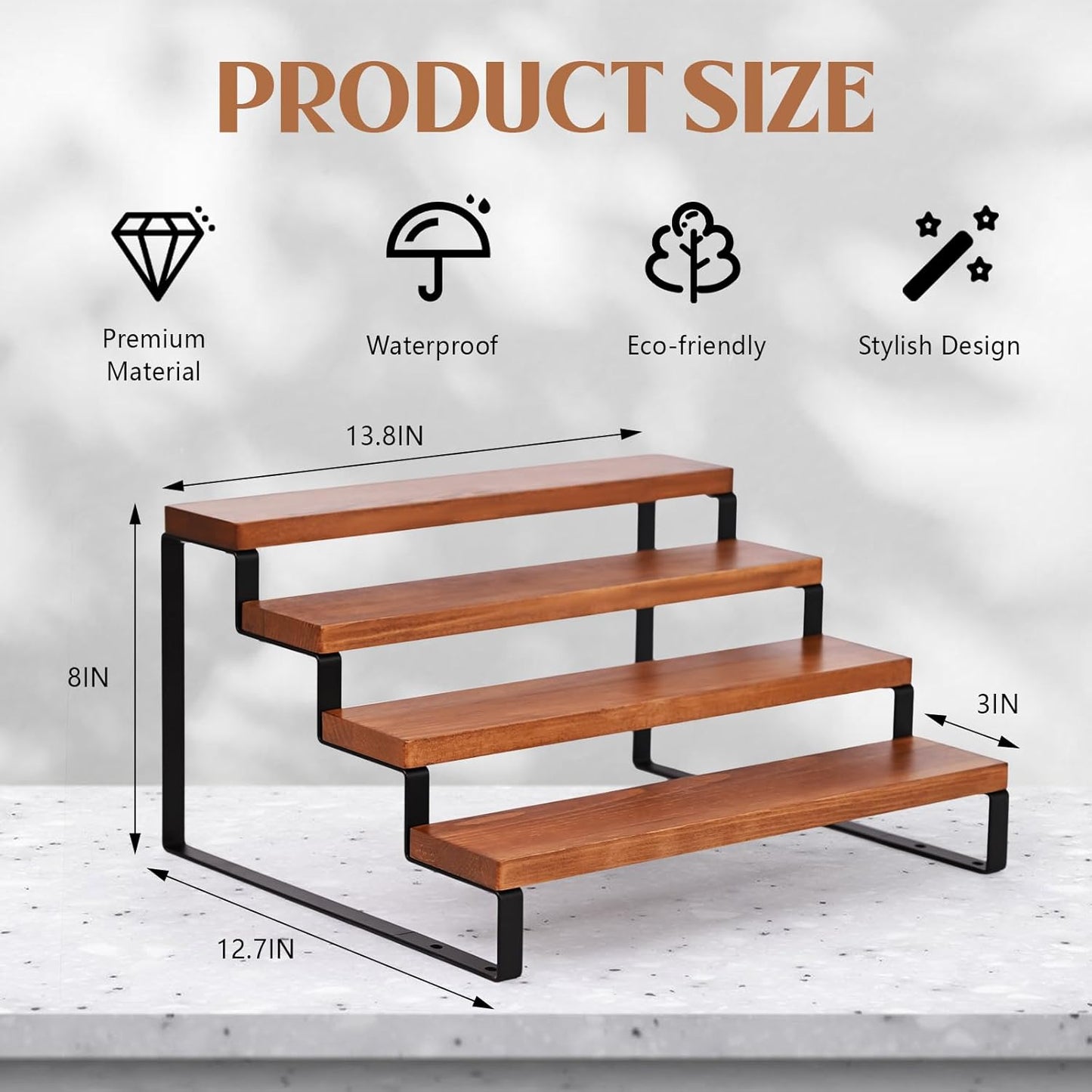 4 Tier Wooden Display Riser Stand Perfume Organizer with Metal Stand, Dessert Table Display Set, Food Display Stands for Party, Brown Rustic Solid Wood Shelf for Cupcakes, Perfume, Cologne, Spiece