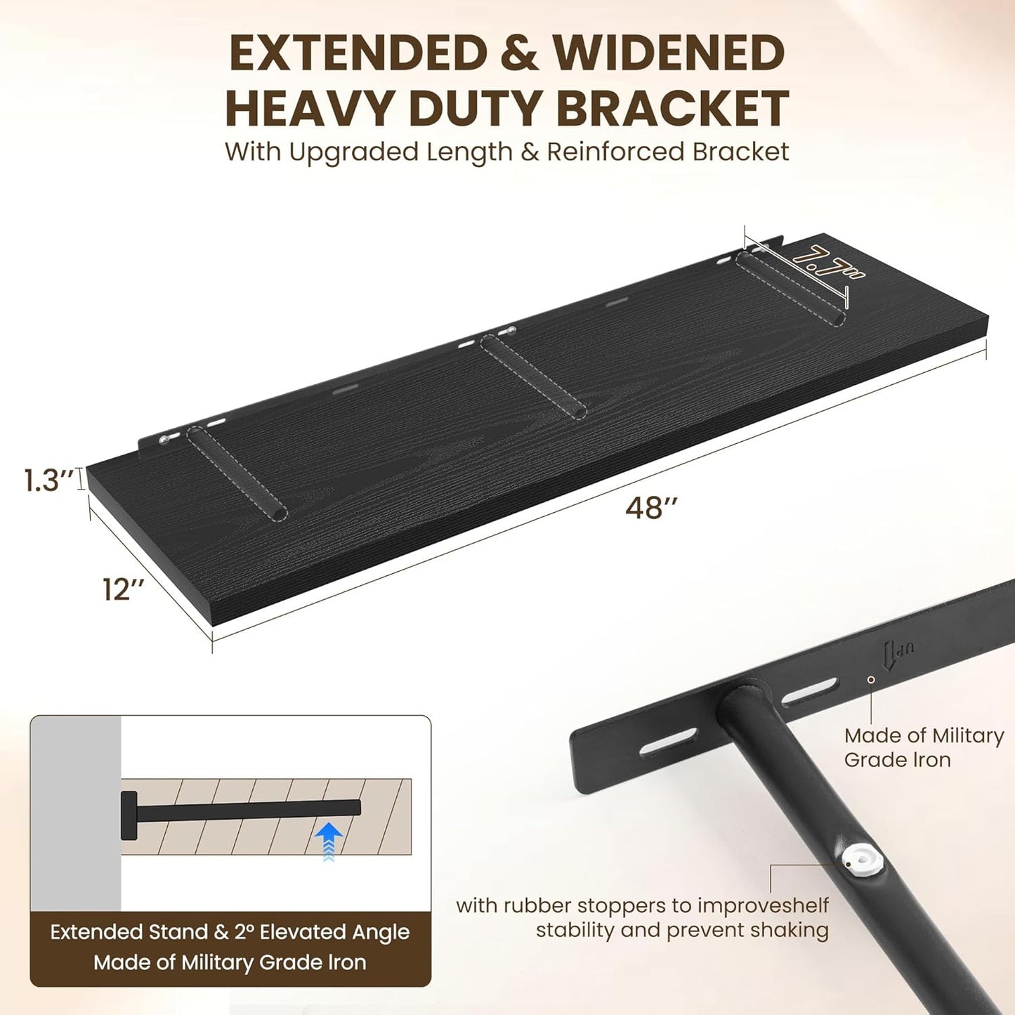 48" Floating Shelves for Wall, 12" Deep Slim Black Floating Shelves, Wall-Mounted Shelves for Bedroom, Living Room, Kitchen, Bathroom - Set of 2