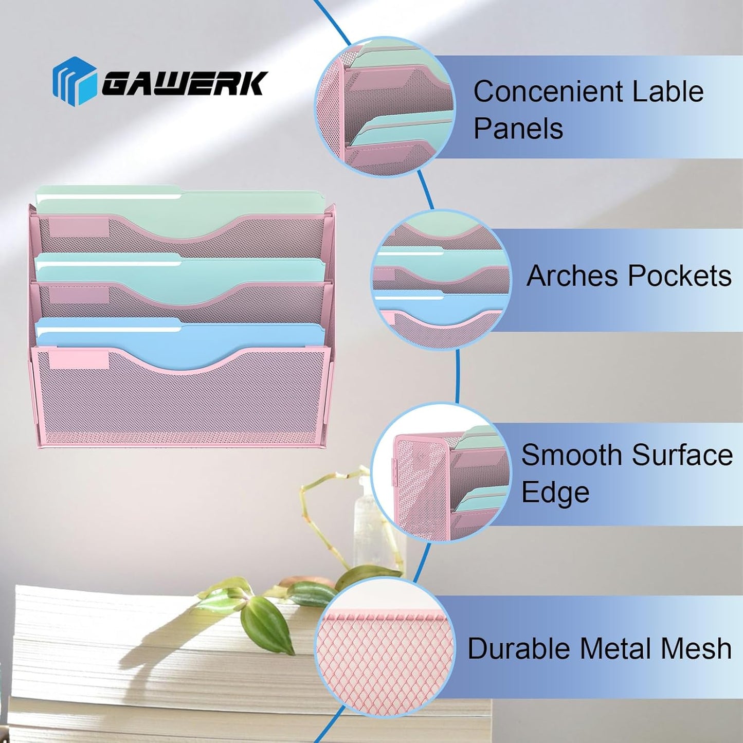 3 Tier Hanging Wall File Organizer, Mesh Mail Paper Orgnization Hanging File Folder Holder for Home Office, Pink