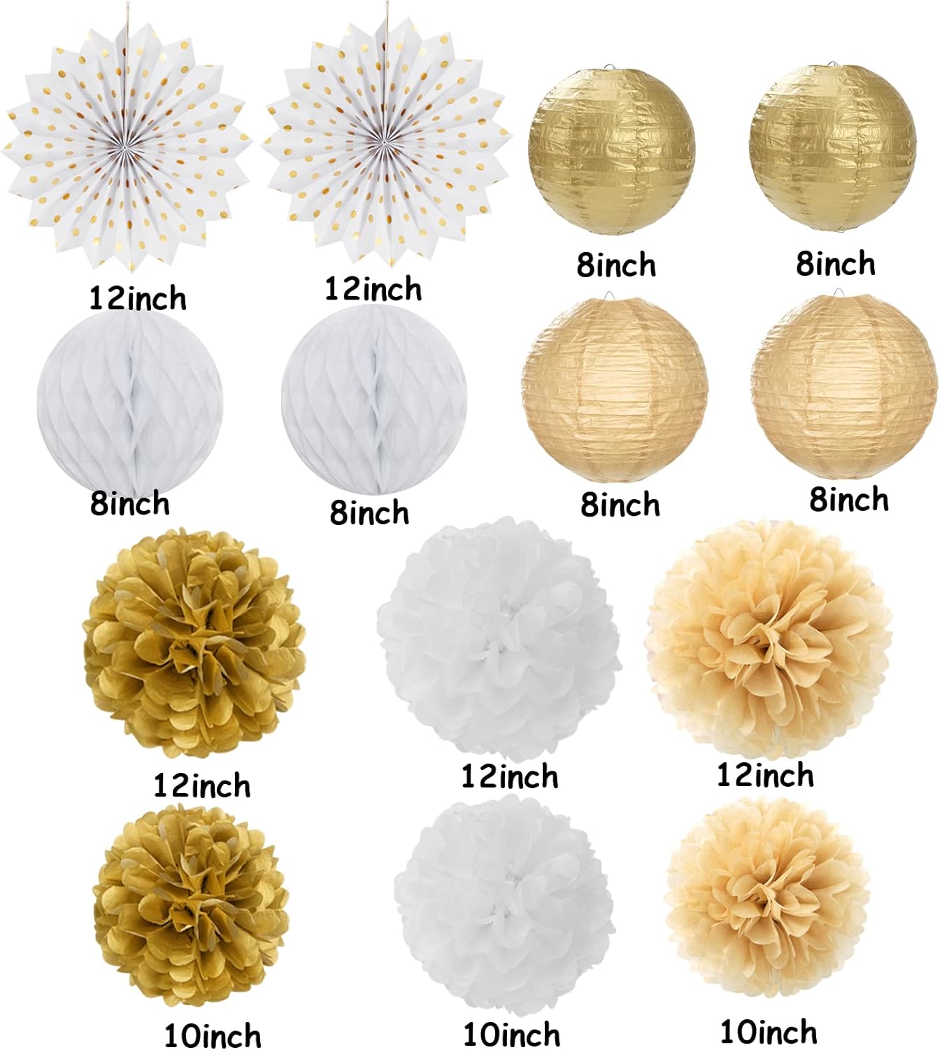 White Gold Party Decorations Streamers - 14pcs Christmas Wedding Engagement Paper Lanterns Fan,Tissue Pom Poms,Honeycomb Balls,Bachelorette Neutral Birthday Baby Bridal Shower Decor Lasting Surprise