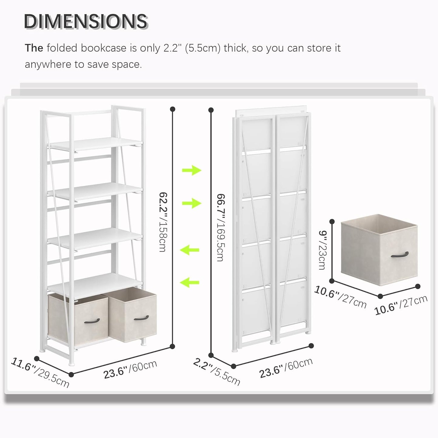 4NM No Assembly Foldable Bookshelf, 5-Shelf Collapsible Bookcase Storage for Small Spaces, 62.2" H, All White