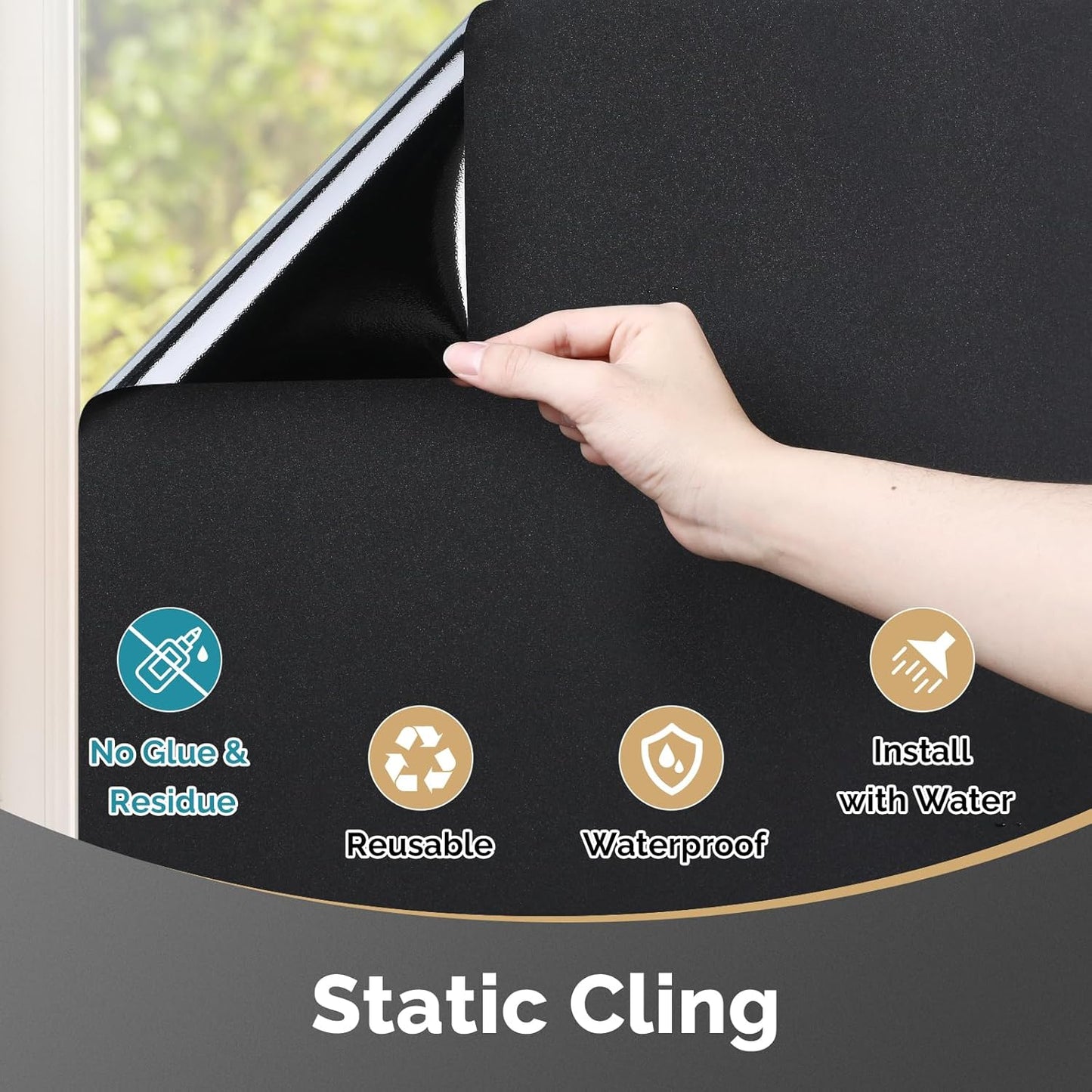 DOWELL Blackout Window Film, 100% Light Sun Blocking Static Cling Frosted Privacy Film for Glass, Heat Control Removable Window Tint, Room Darkening Cover for Day Sleep, Black, 23.6" x 118"