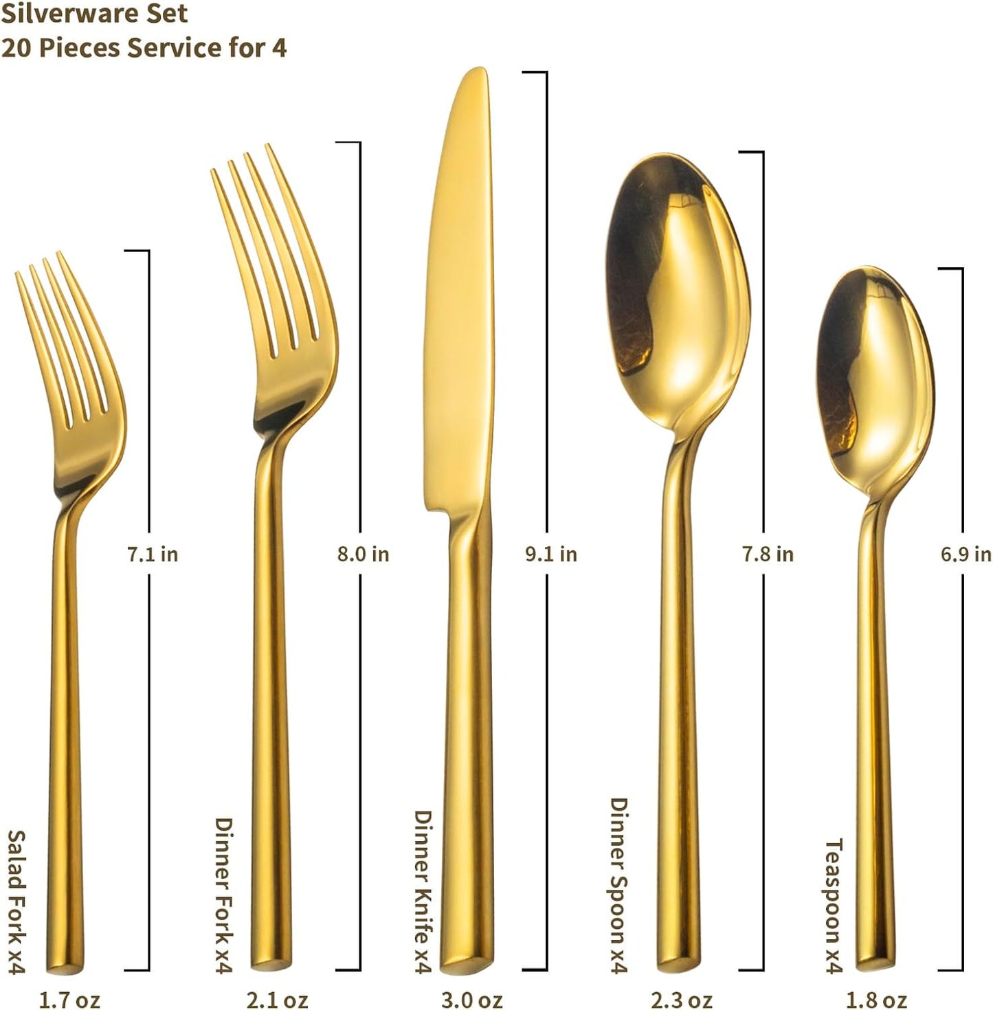 Alata Potter Gold 20-Piece Forged Silverware Set with Utensil-Serving Set, Service for 4, Stainless Steel Flatware Set, Modern Design with Mirror Finish, Ideal for Home, Kitchen, Party, Camping