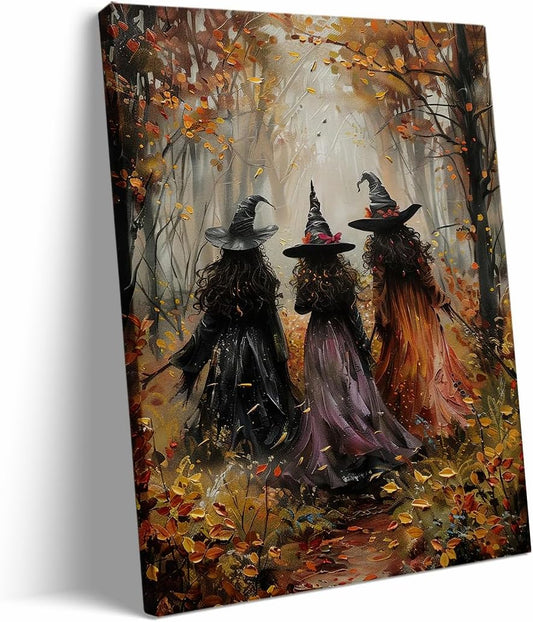 Vintage Three Witches In The Forest Painting Witch Print Witchy Canvas Print Halloween Wall Art Halloween Decor Witch Poster Dark Academia Gothic Room Decor for Bedroom 16x24in Large Frame wall art
