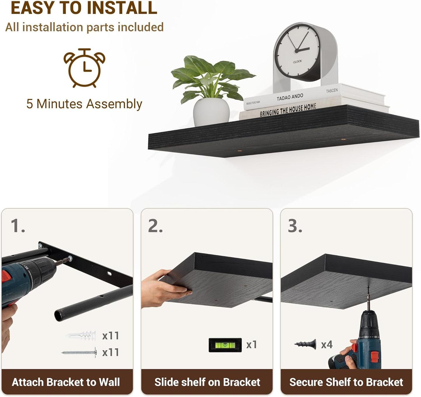 24 Inch Floating Shelves, 24"x9.25"x1.5" Inch Deep Floating Shelves for Wall, Wooden Shelves for Bathroom, Bedroom, Living Room, Black