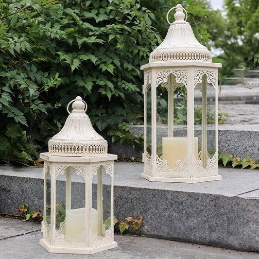 NEEDOMO Lanterns Decorative Outdoor & Indoor, Set of 2 Outdoor Lanterns for Porch,Large Candle Lantern, Beige Metal Frame with Glass for Fall, Christmas