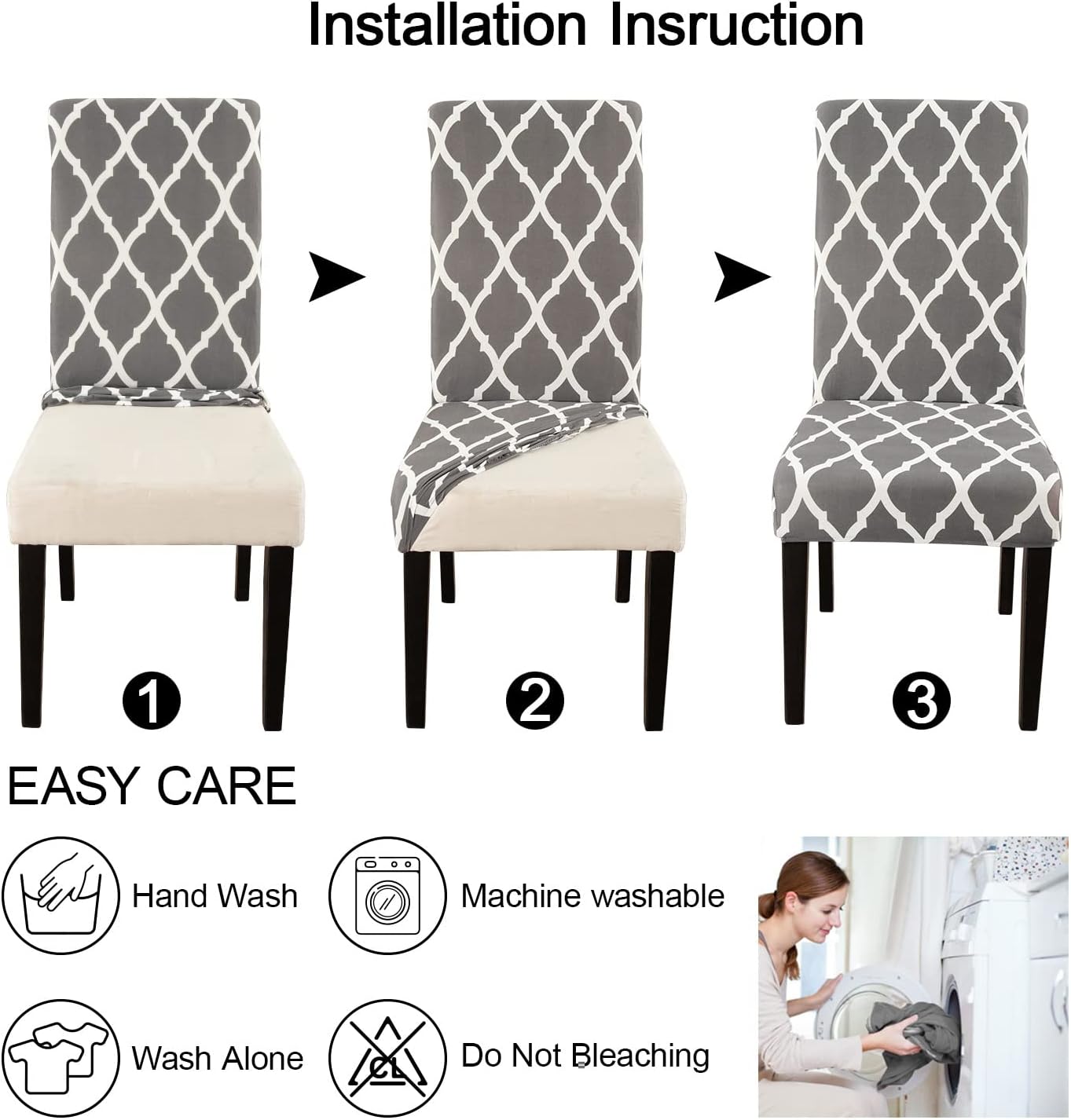 JQinHome Dining Chair Covers Set of 4, High Stretch Removable Washable Parsons Chair Slipcover for Home Party Hotel Wedding Ceremony (Grey White)