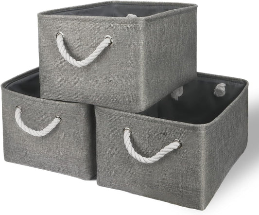 TheWarmHome Storage Bins - Medium 3 Pack Storage Baskets for Organizing Shelves | Fabric Storage Cubes Organizer for Linen Closet Nursery Home Decor Grey