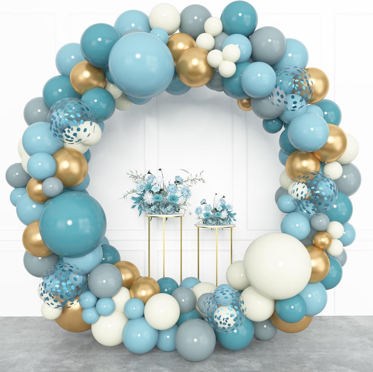 Amandir 153pcs Dusty Blue Balloon Garland Arch Kit, Different Sizes 18 12 10 5 inch Slate Fog Blue Ivory Latex Metallic Confetti Balloons for Boys Birthday Baby Shower Ocean Theme Party Decorations
