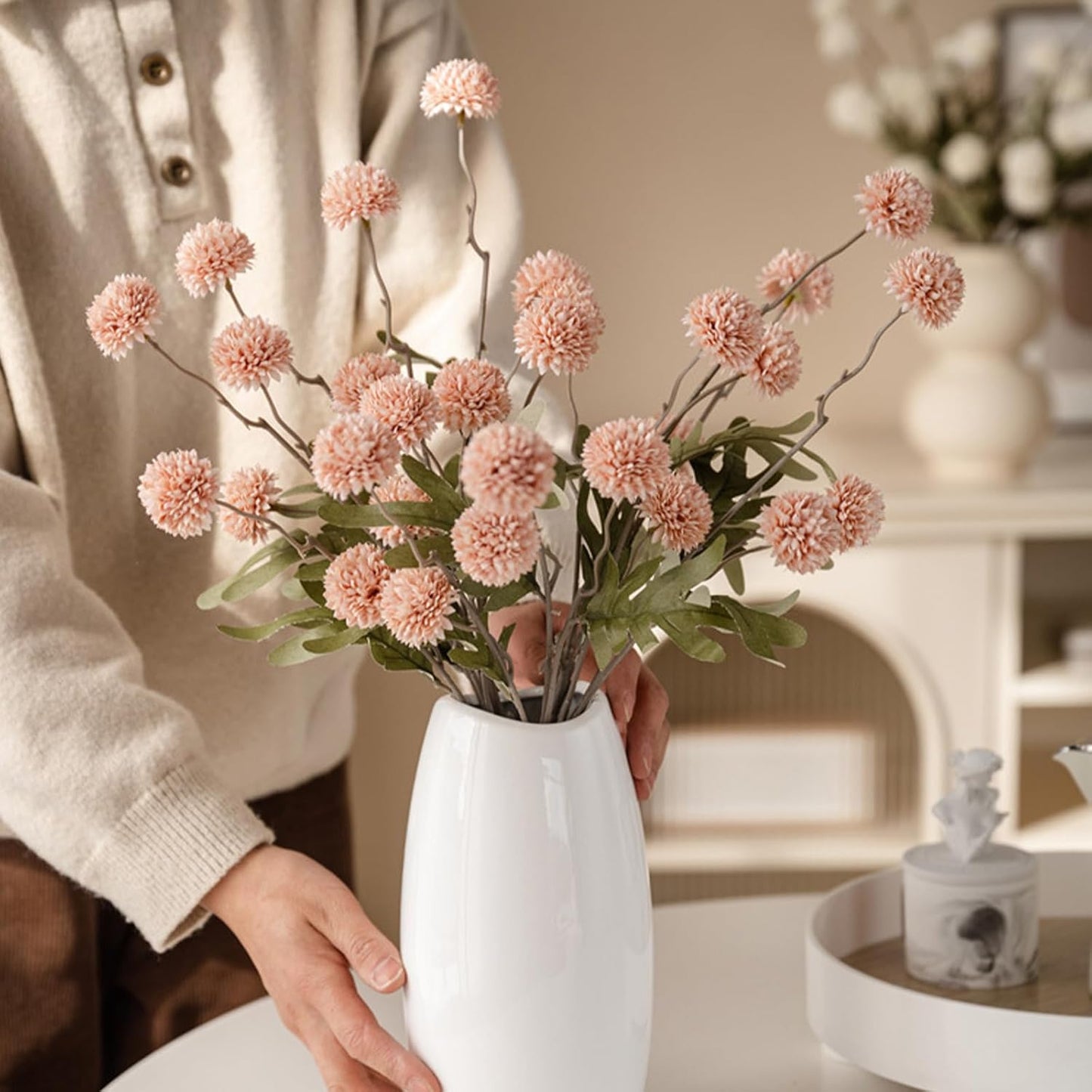 Faux White & Pink Kiku Flower, 10 Stems with 5 Heads Each & 4 Branches Eucalyptus Stems, Artificial Small Mini Chrysanthemum Flowers for Aesthetic Room Decor, Floral Arrangements Centerpiece